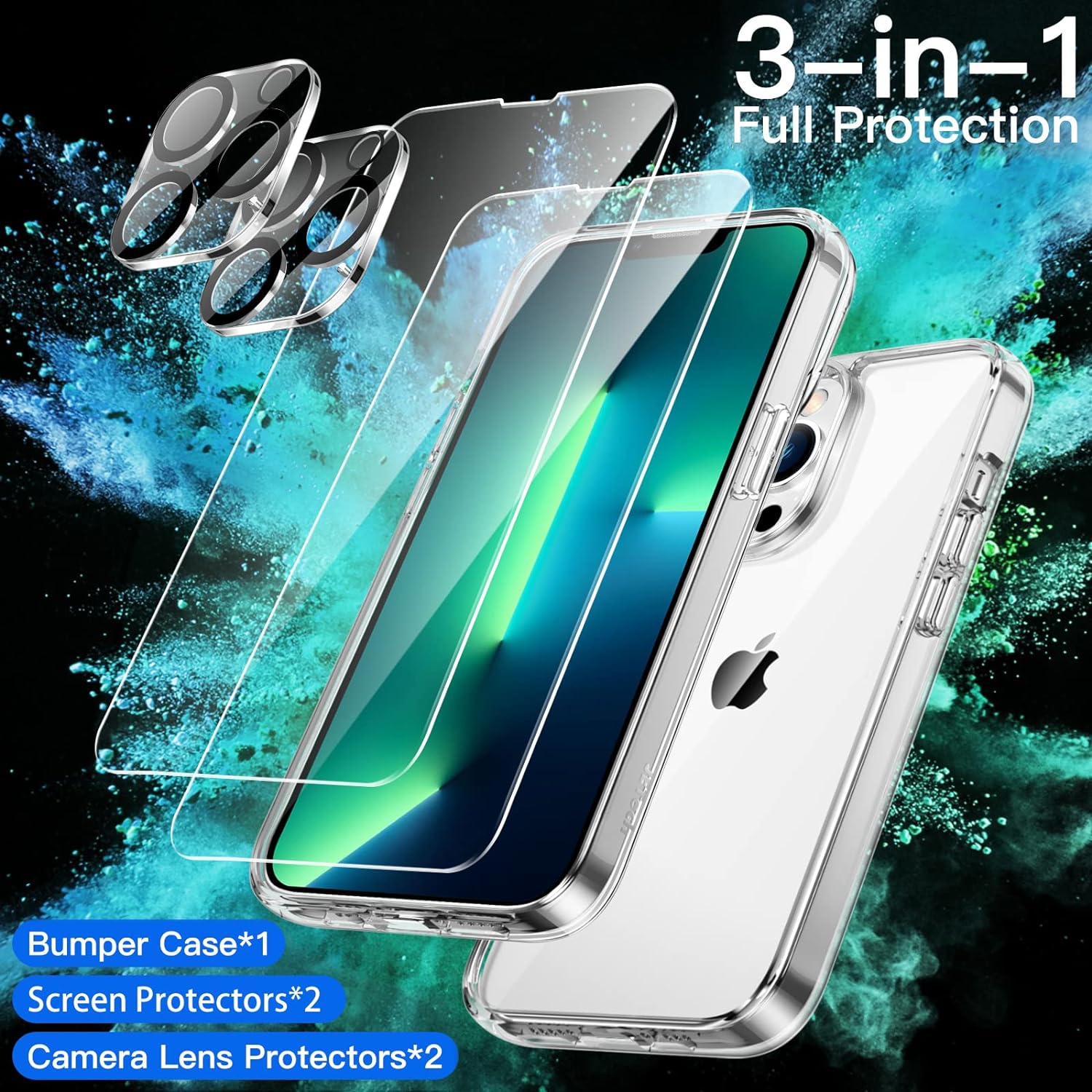 3 in 1 Case for iPhone 13 Pro 6.1-Inch, with 2-Pack Screen Protector and 2-Pack Camera Lens Protector,