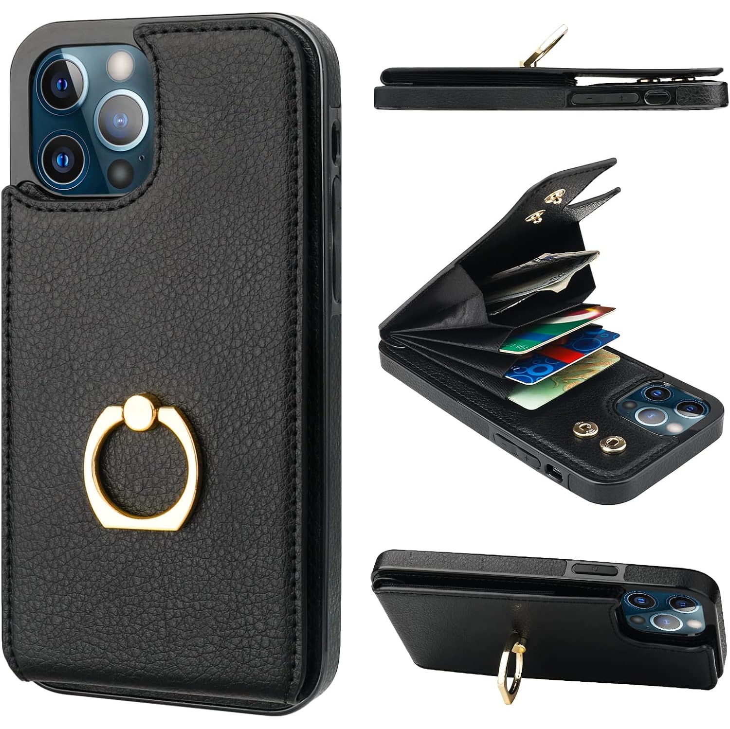 Compatible with iPhone 12/12 Pro Case Wallet with Card Holder, 360°Rotation Finger Ring Holder Kickstand