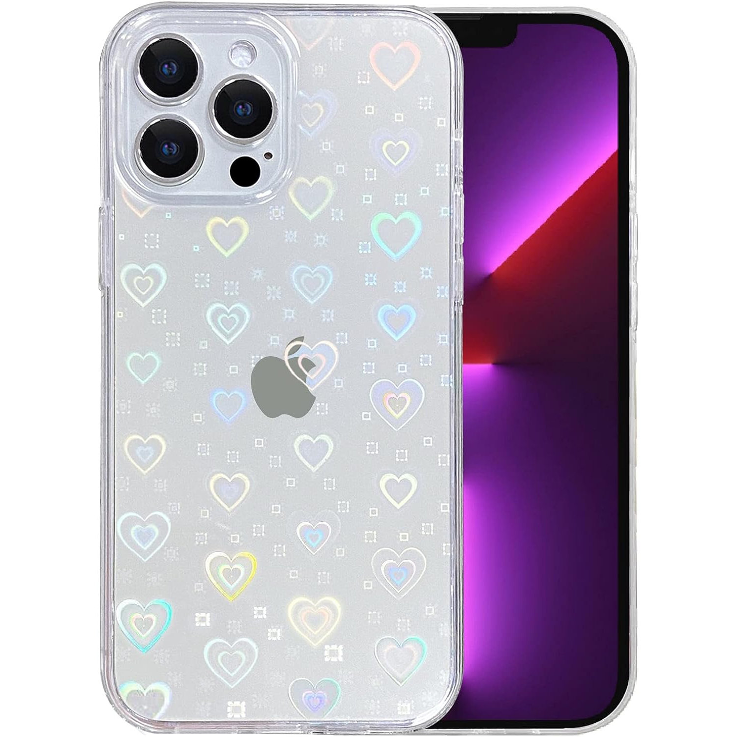 Compatible with iPhone 13 Pro Case, Clear Laser Glitter Bling Heart Soft & Flexible TPU and Hard PC Shockproof