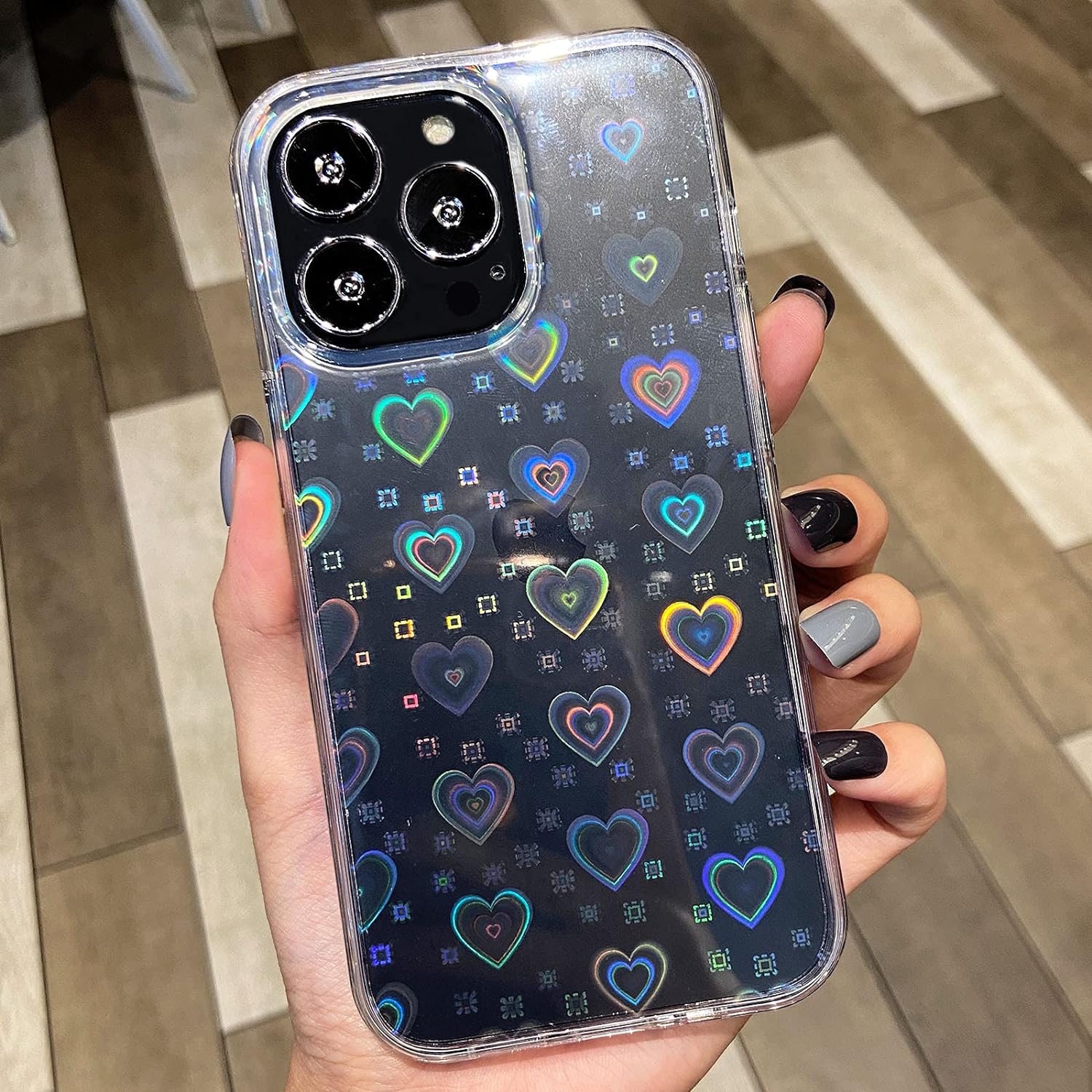 Compatible with iPhone 13 Pro Case, Clear Laser Glitter Bling Heart Soft & Flexible TPU and Hard PC Shockproof