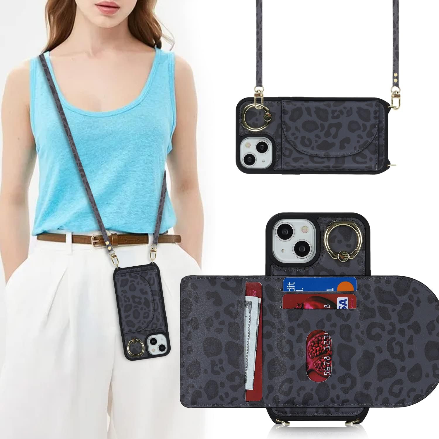 etui iPhone 14 Phone Case with Card Holder,iPhone 13 Wallet case Crossbody for Women, Phone Cover with Credit