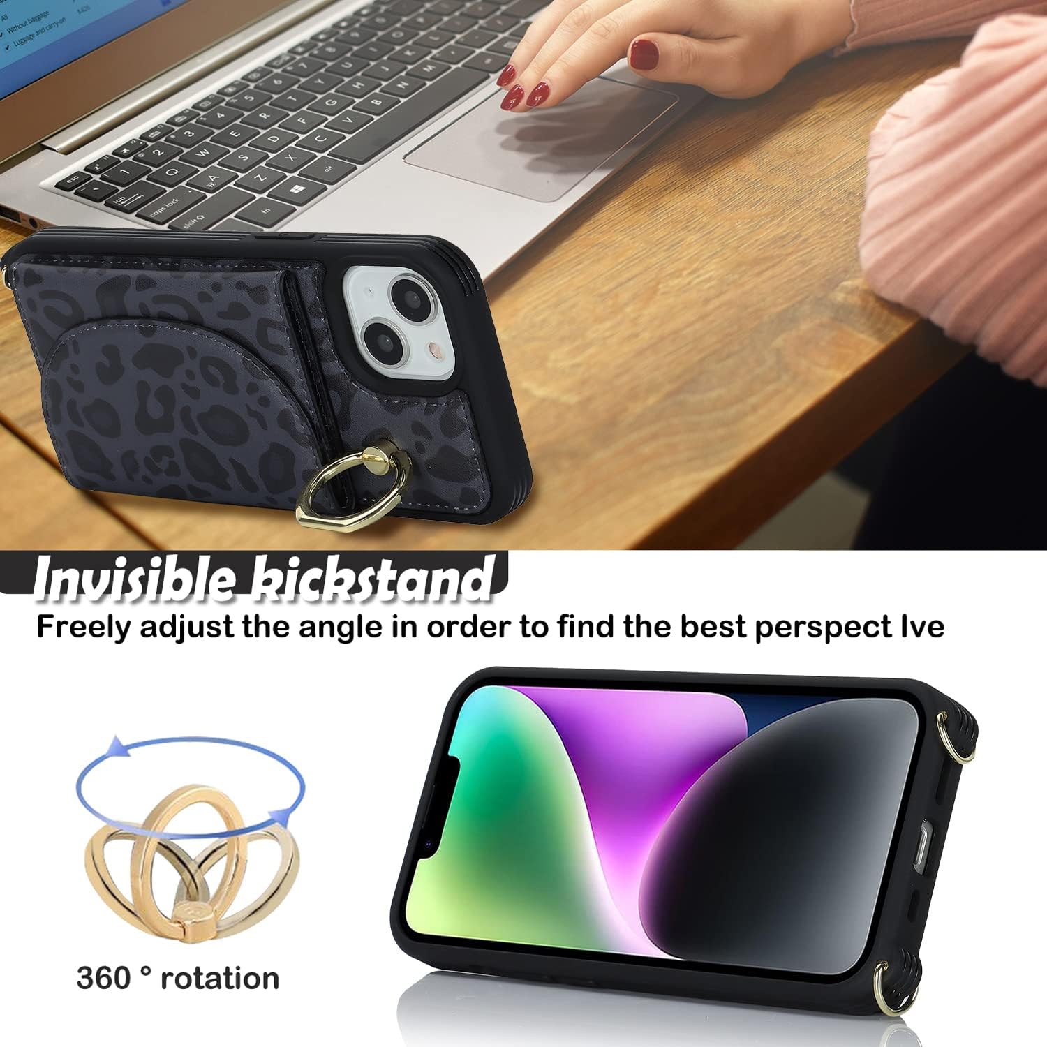 etui iPhone 14 Phone Case with Card Holder,iPhone 13 Wallet case Crossbody for Women, Phone Cover with Credit