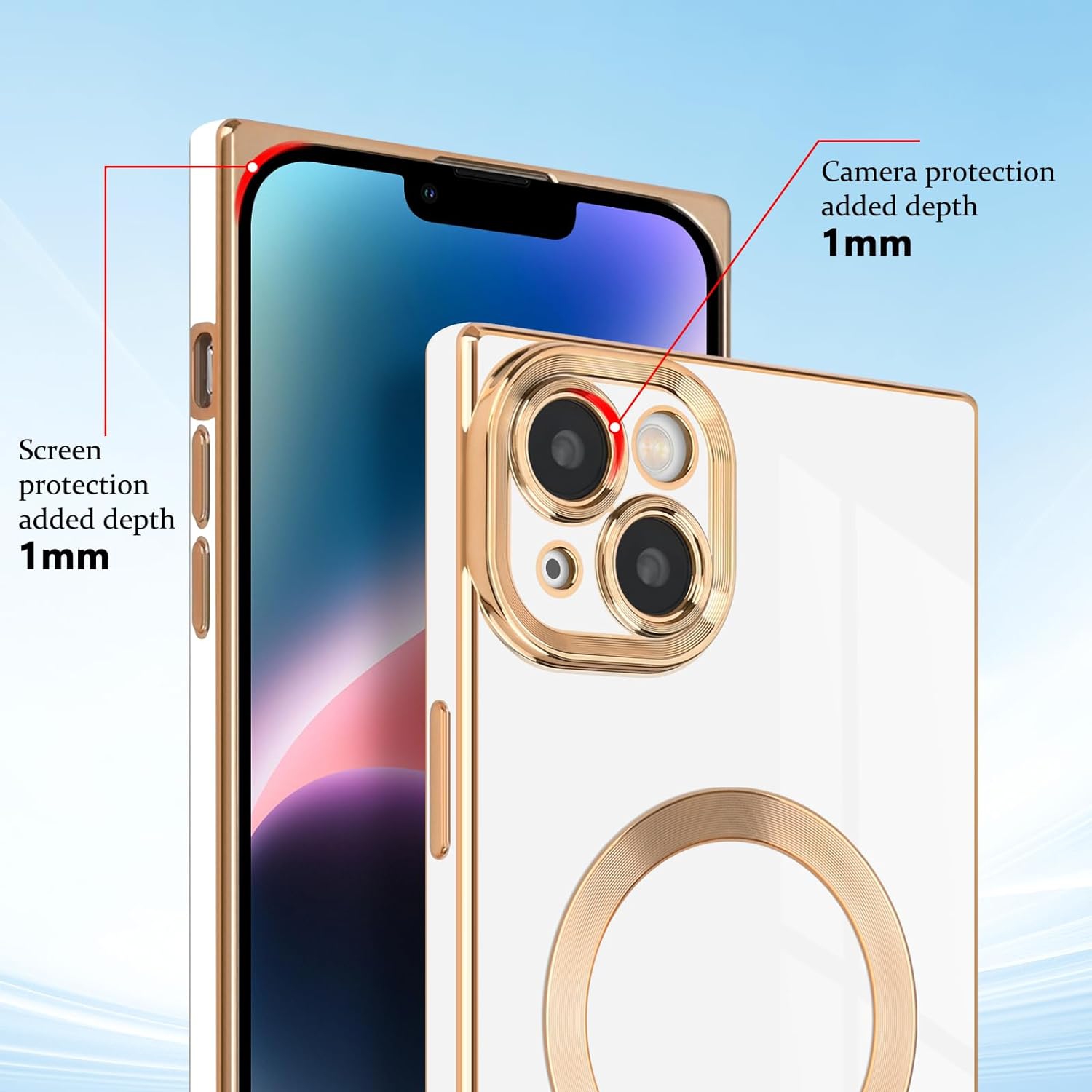 Pour étui magnétique iPhone 14 plus, étui carré à bords en placage de luxe pour femmes hommes pare-chocs en TPUR souple