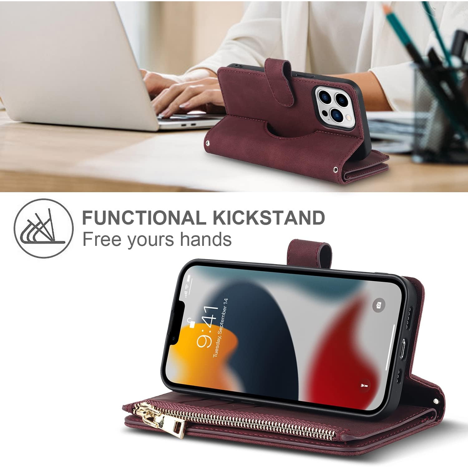 etui iPhone 13 Pro Case Wallet Magsafe Compatible,iPhone 13 Pro Phone case with Card Holder,Magnetic Zipper