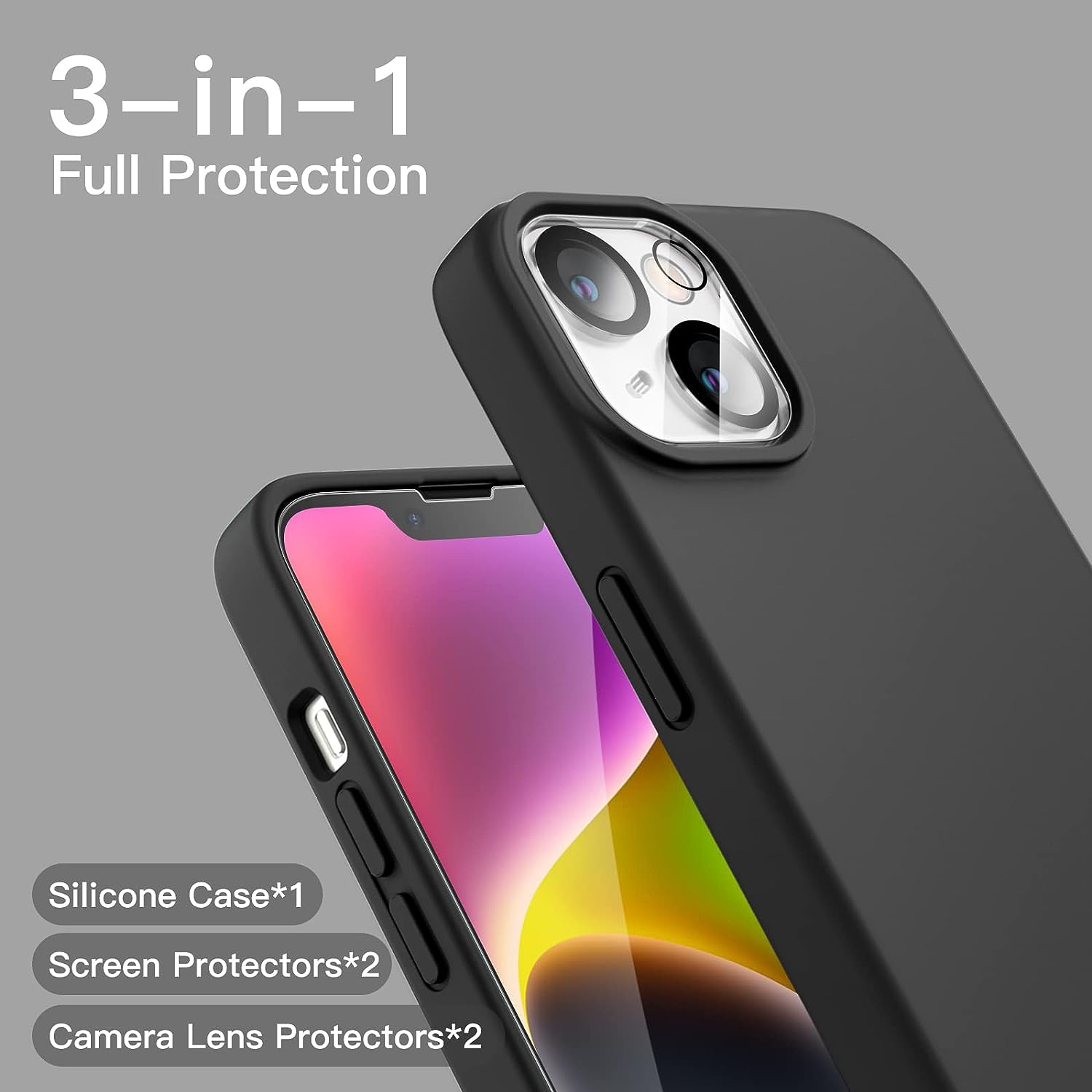 3 in 1 Silicone Case for iPhone 14 6.1-Inch, with 2-Pack Screen Protector and 2-Pack Camera Lens Protector, Full