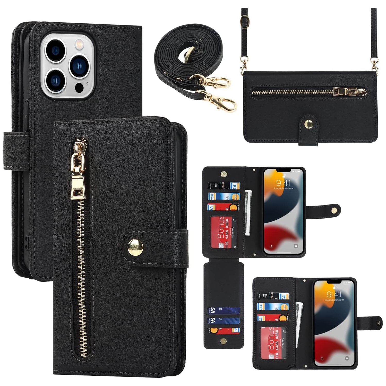 Étui-portefeuille pour iPhone 13 Pro avec porte-carte, dragonne ajustable en cuir de polyuréthane avec béquille pour fentes pour cartes