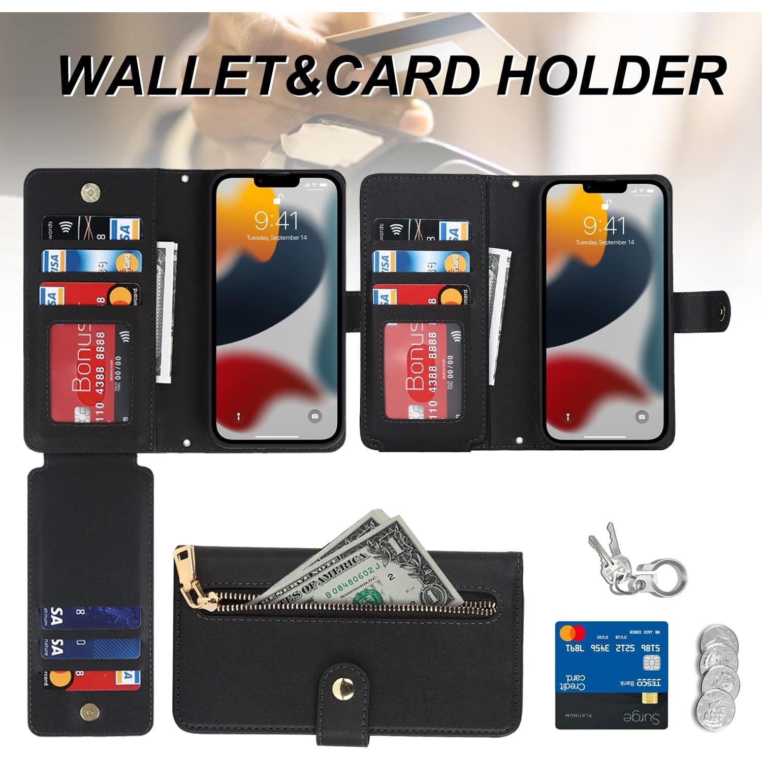 Étui-portefeuille pour iPhone 13 Pro avec porte-carte, dragonne ajustable en cuir de polyuréthane avec béquille pour fentes pour cartes