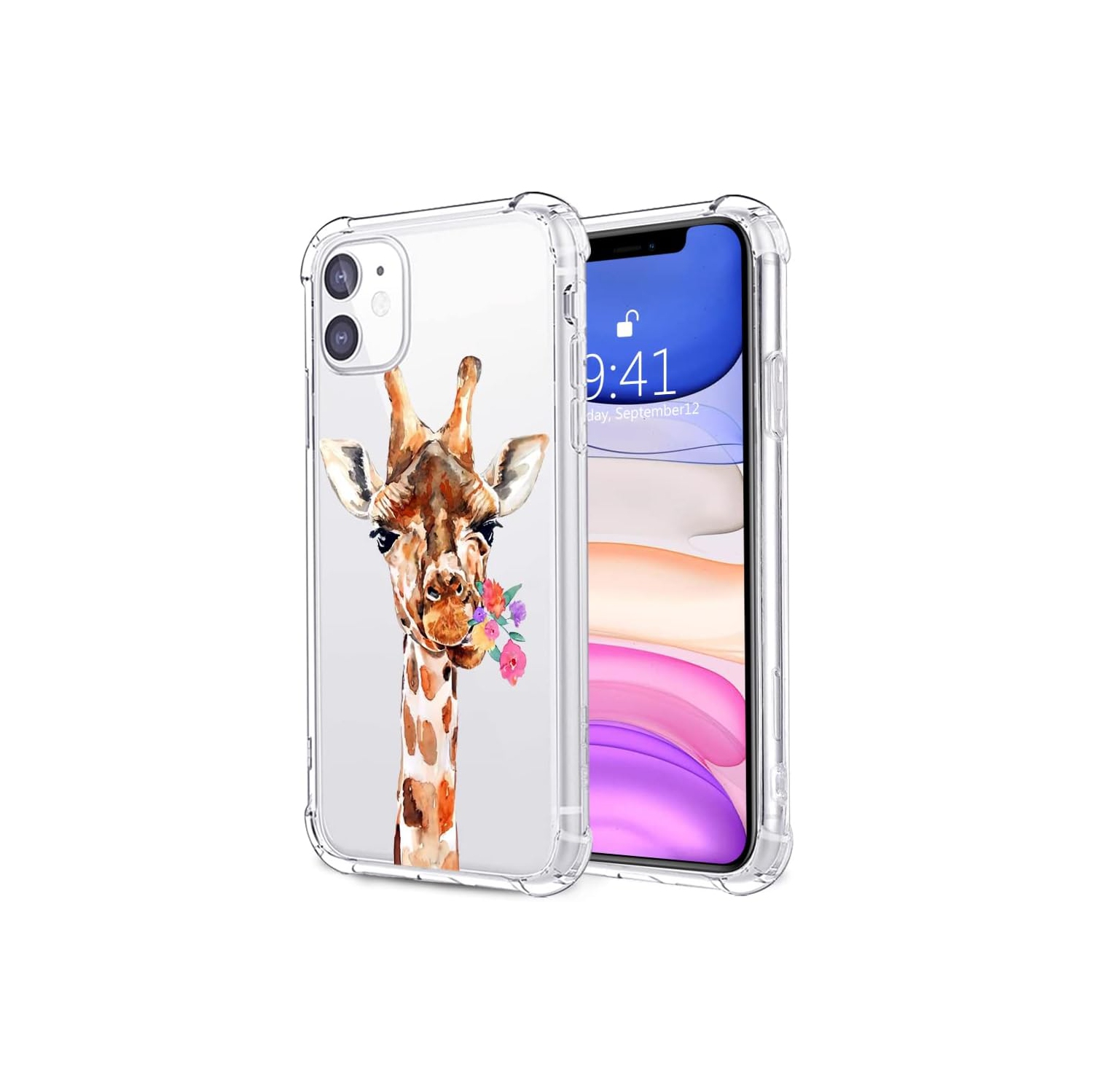 for iPhone 11 Pro Case Floral Flowers Giraffe, Cute Pattern Animal Design Clear TPU Phone Cases Soft Flexible