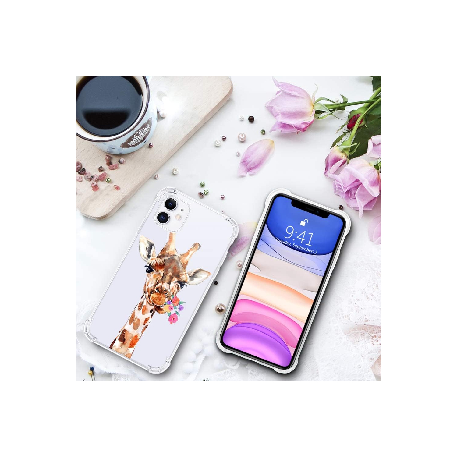 for iPhone 11 Pro Case Floral Flowers Giraffe, Cute Pattern Animal Design Clear TPU Phone Cases Soft Flexible