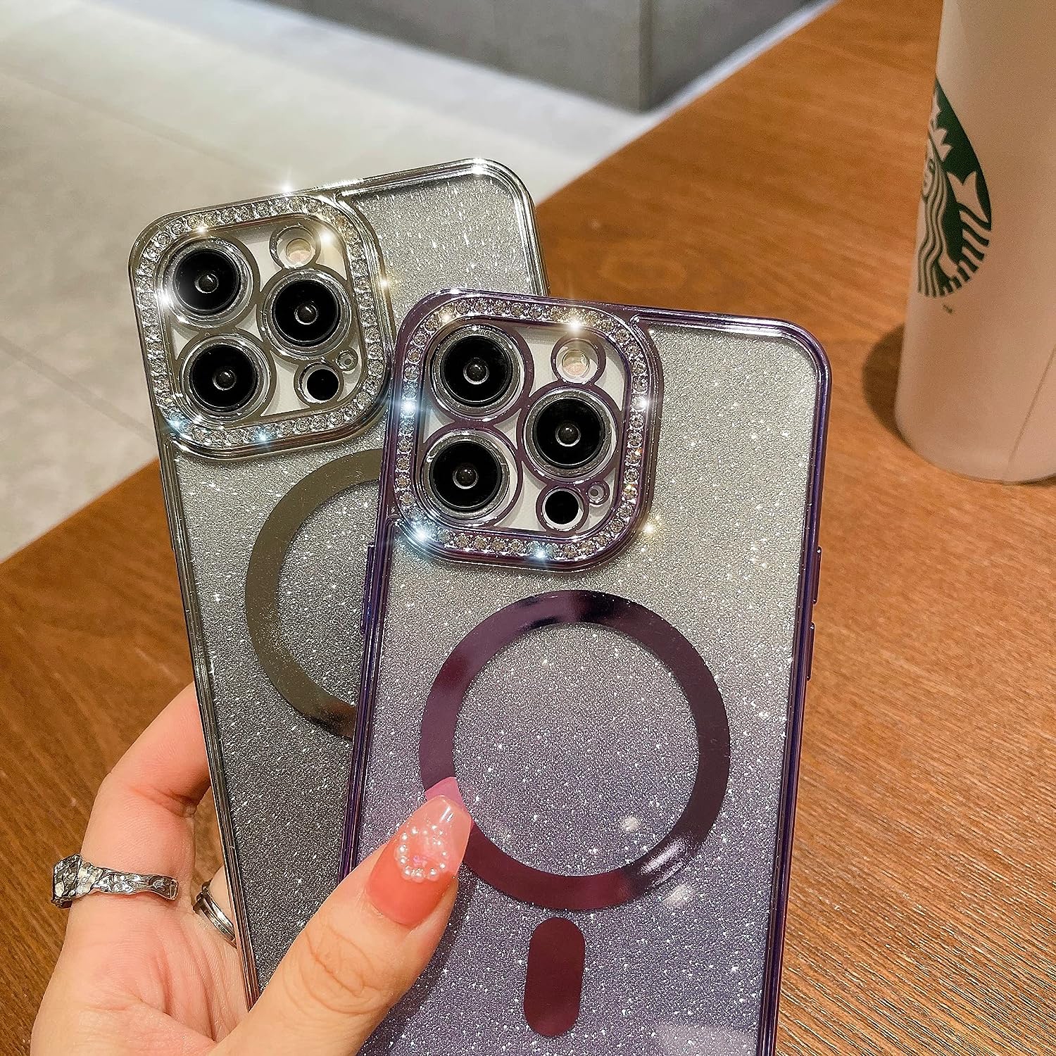 Designed for iPhone 12 Pro Max Magnetic Glitter Case, Luxury Plating Cute Bling Diamond Inlay Phone Cover