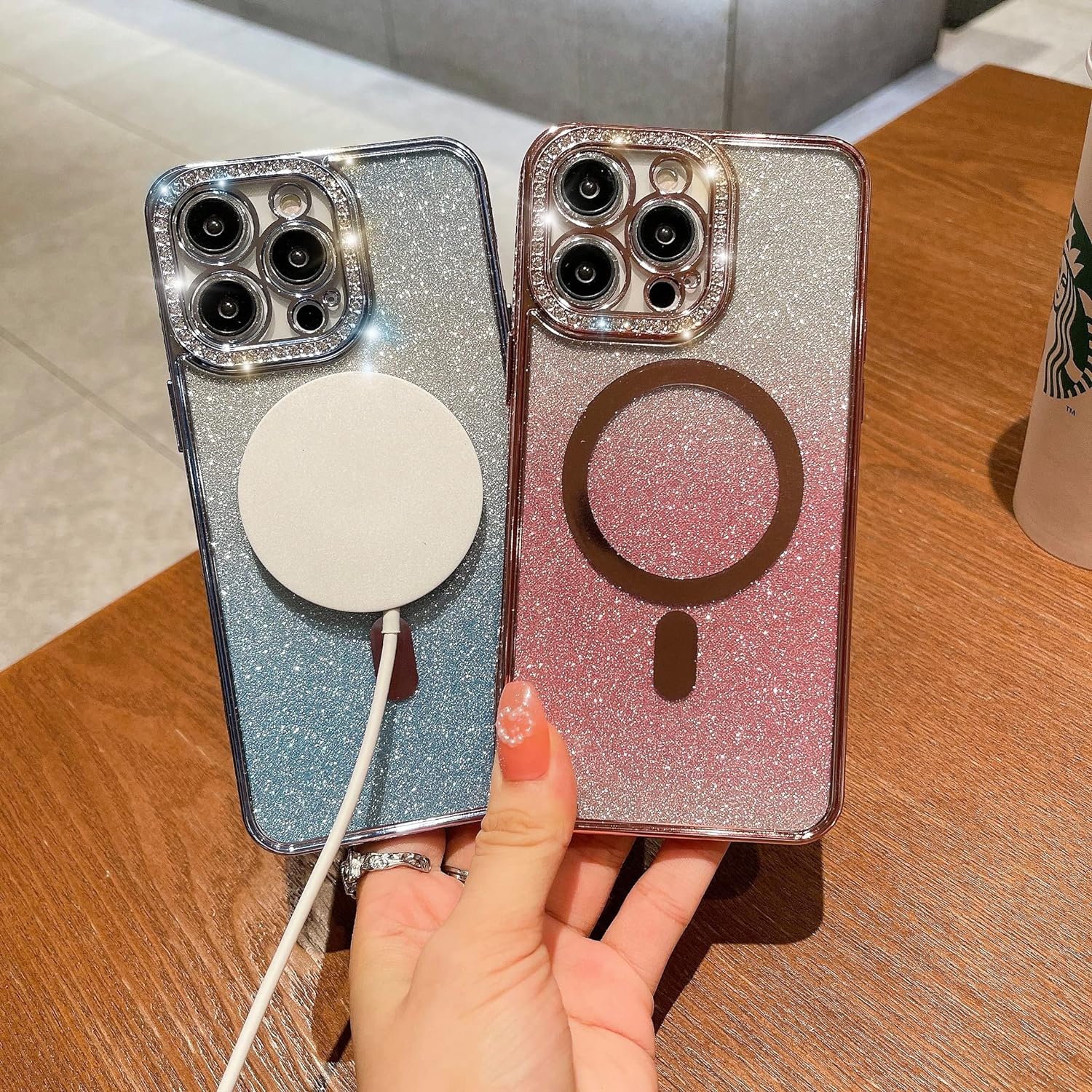 Designed for iPhone 12 Pro Max Magnetic Glitter Case, Luxury Plating Cute Bling Diamond Inlay Phone Cover