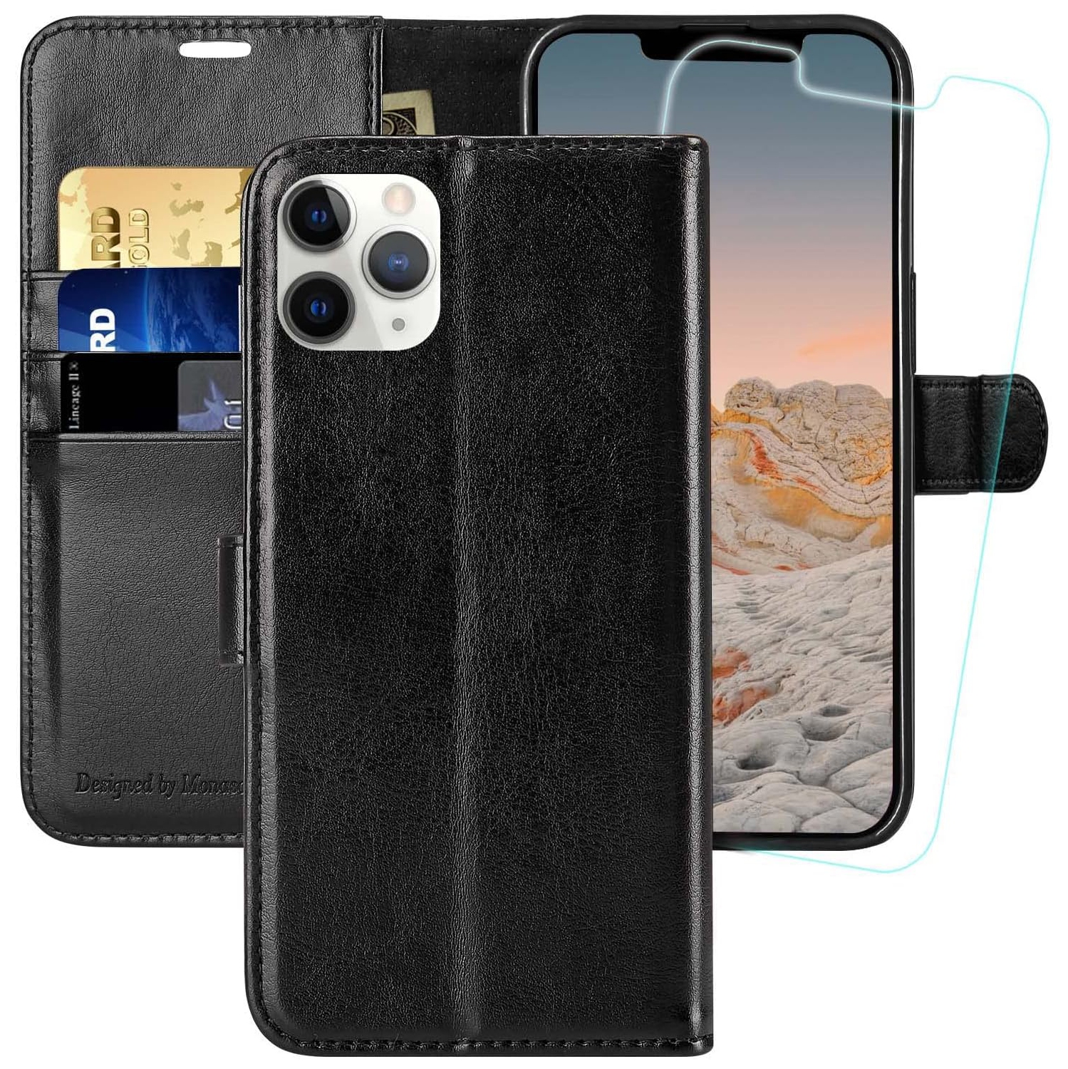 iPhone 11 Pro Wallet Case,5.8-inch, [Glass Screen Protector Included][RFID Blocking] Flip Folio Leather Cell