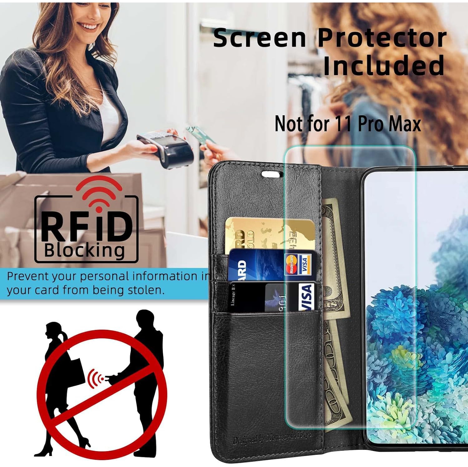 iPhone 11 Pro Wallet Case,5.8-inch, [Glass Screen Protector Included][RFID Blocking] Flip Folio Leather Cell