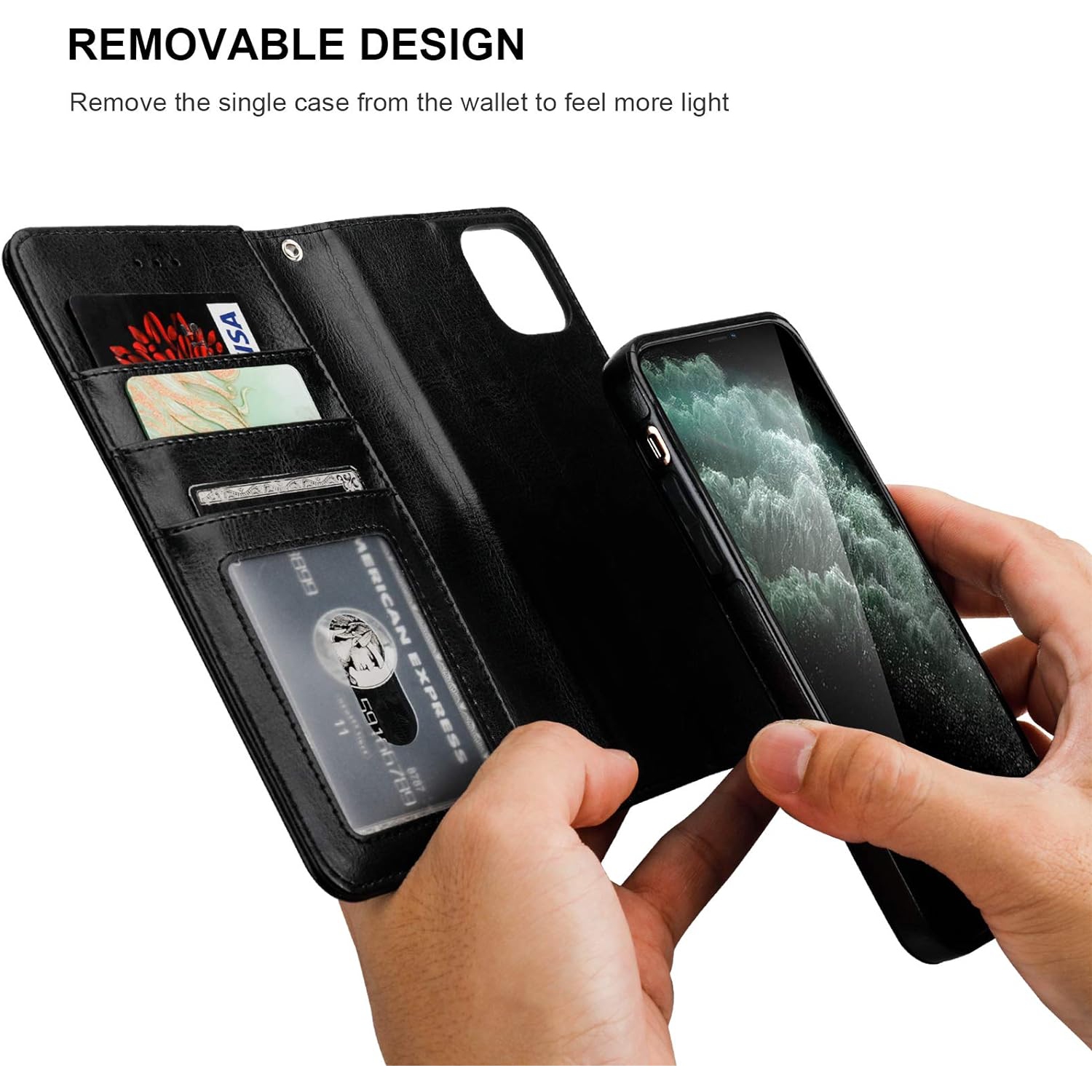iPhone 11 Pro Max Wallet Case with Card Holder PU Leather Magnetic Detachable Kickstand Shockproof Wrist Strap
