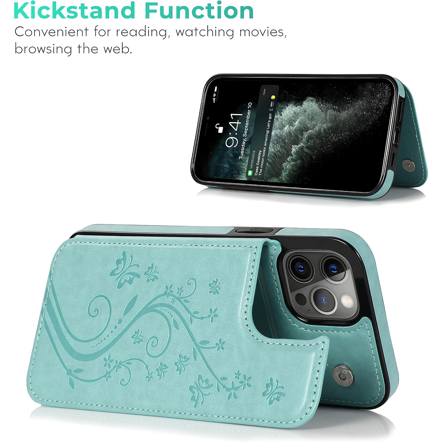 for iPhone 11 Pro Case, Embossed Butterfly Wallet Phone Case with Card Holder, Kickstand and Magnetic Closure -