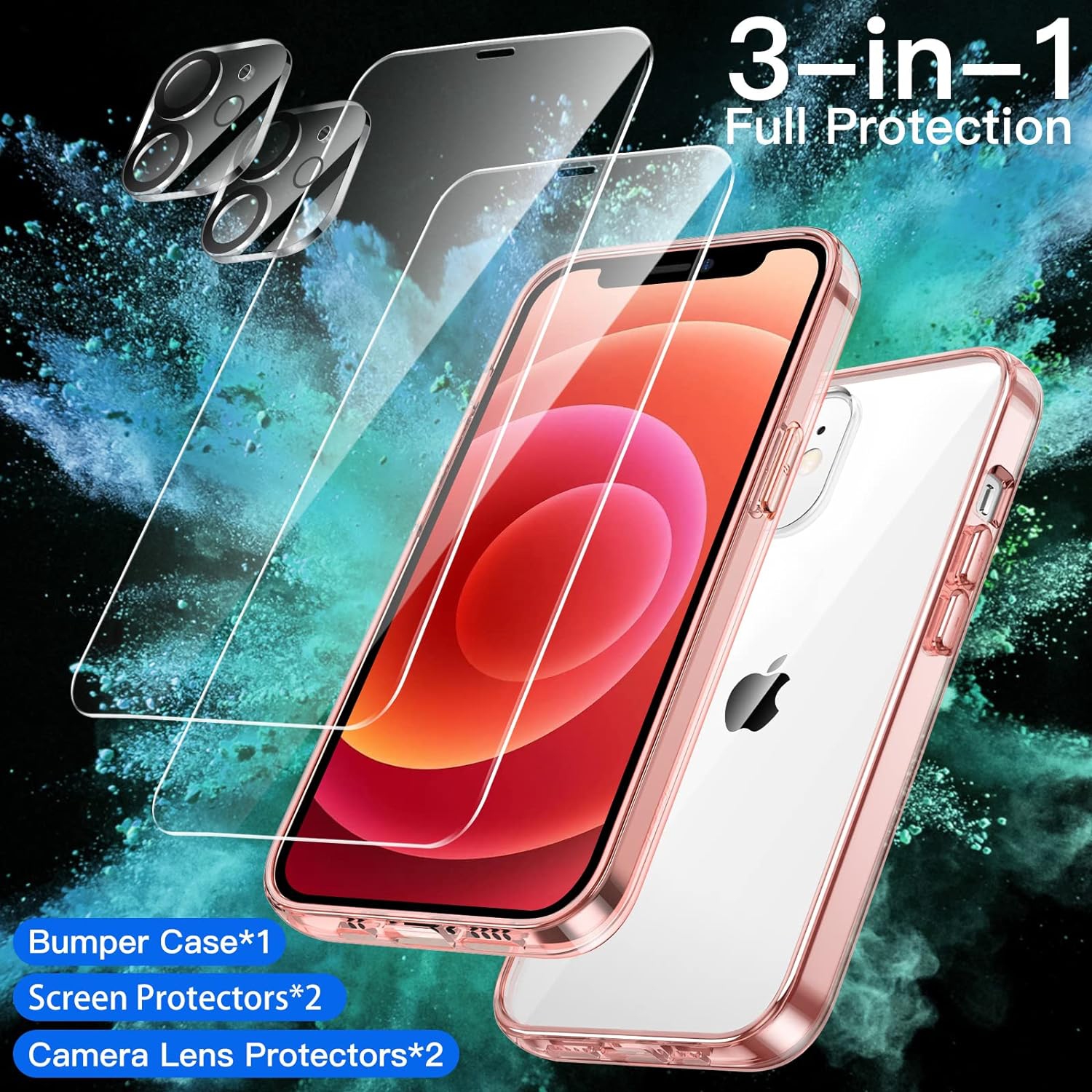 3 in 1 Case for iPhone 12 Mini 5.4-Inch, with 2-Pack Screen Protector and 2-Pack Camera Lens Protector, Full