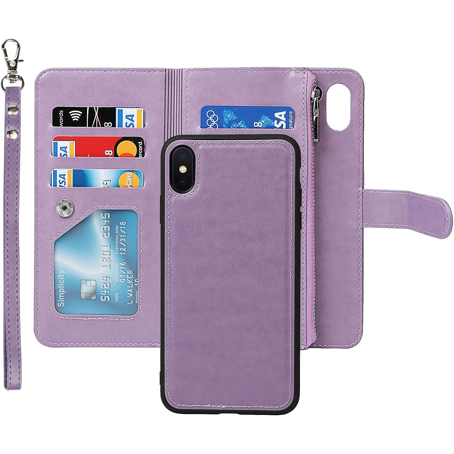 iPhone X/XS Wallet Case with Card Holder, 2 in 1 PU Leather Case with Magnetic Clasp Zipper Pocket