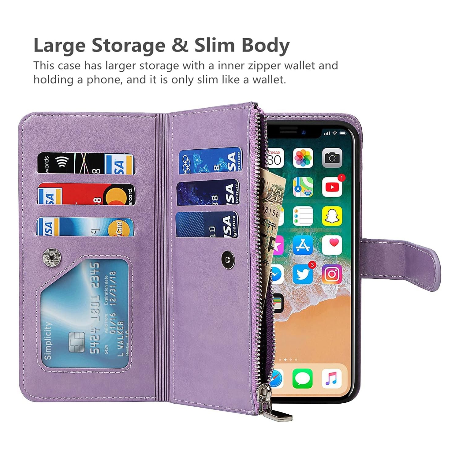 iPhone X/XS Wallet Case with Card Holder, 2 in 1 PU Leather Case with Magnetic Clasp Zipper Pocket