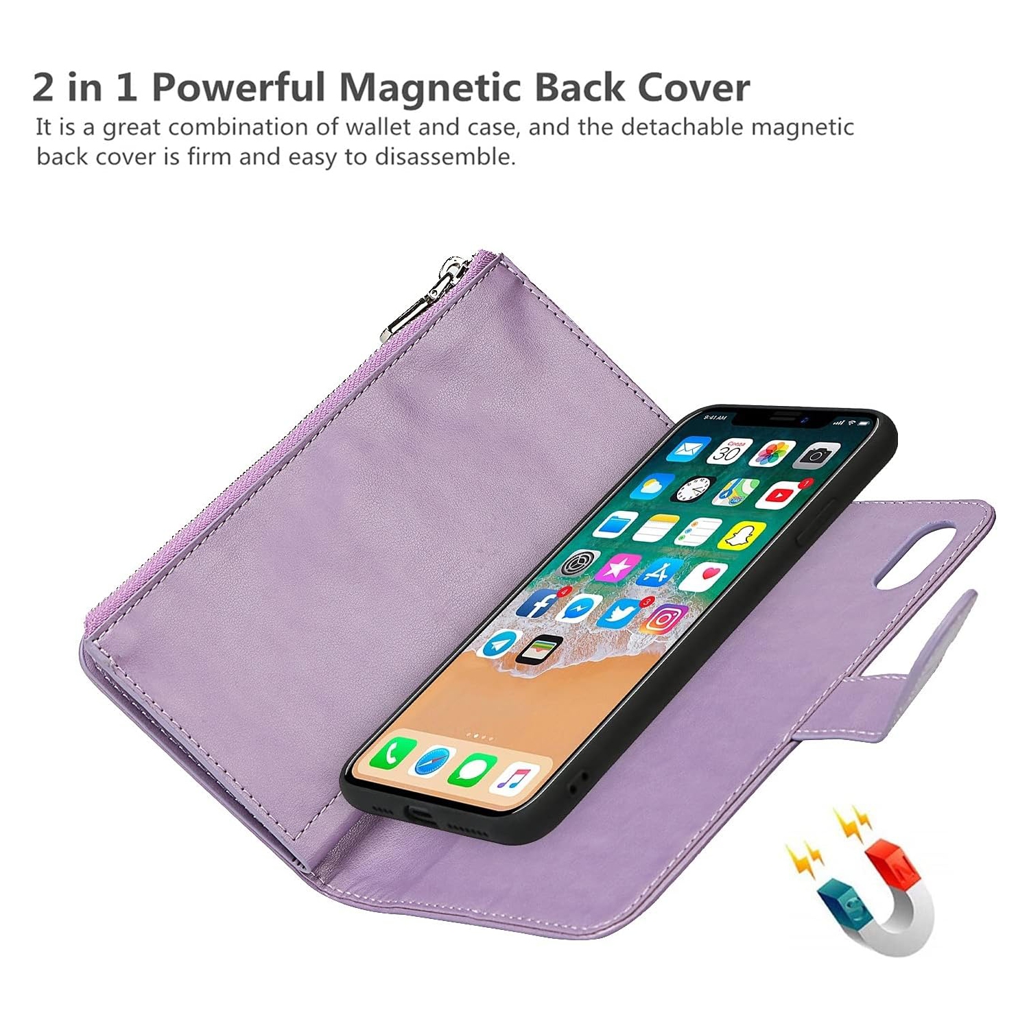 iPhone X/XS Wallet Case with Card Holder, 2 in 1 PU Leather Case with Magnetic Clasp Zipper Pocket