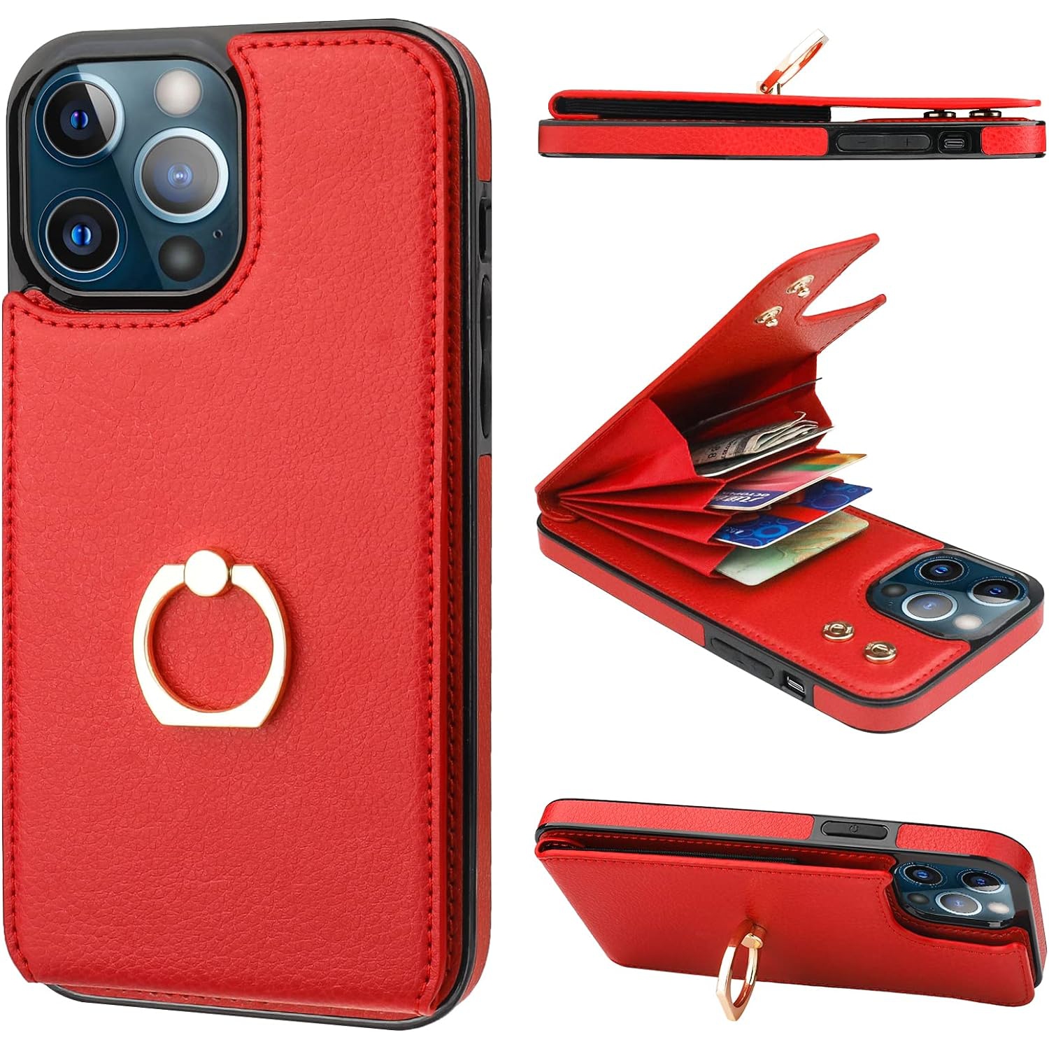 Compatible with iPhone 13 Pro Max Case Wallet with Card Holder, 360°Rotation Finger Ring Holder Kickstand