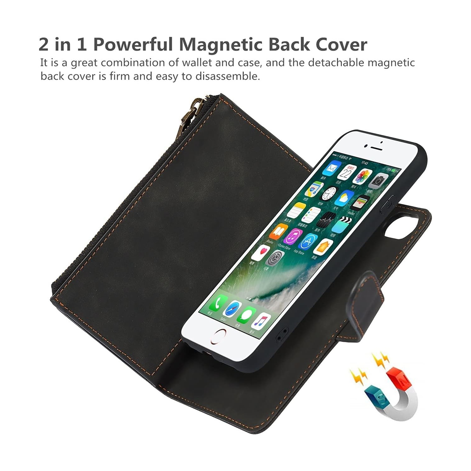 iPhone SE 2020/6/6s/7/8 Wallet Case with Card Holder, 2 in 1 PU Leather Case with Magnetic Clasp