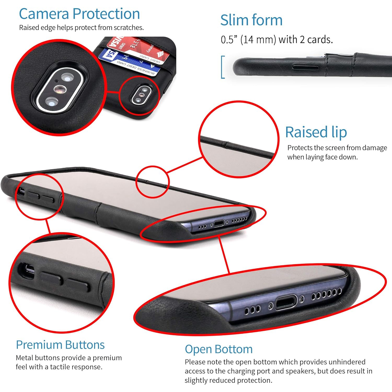 Étui portefeuille Exec pour iPhone X/XS : Porte-cartes en cuir synthétique Vintage mince avec 2 fentes pour cartes, simple