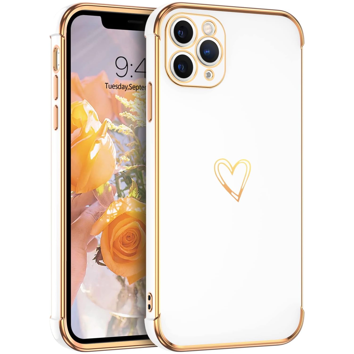 iPhone 11 Pro Max Case Cute Heart Pattern Soft TPU Plating Cover for Women Girls with Camera Protection & 4