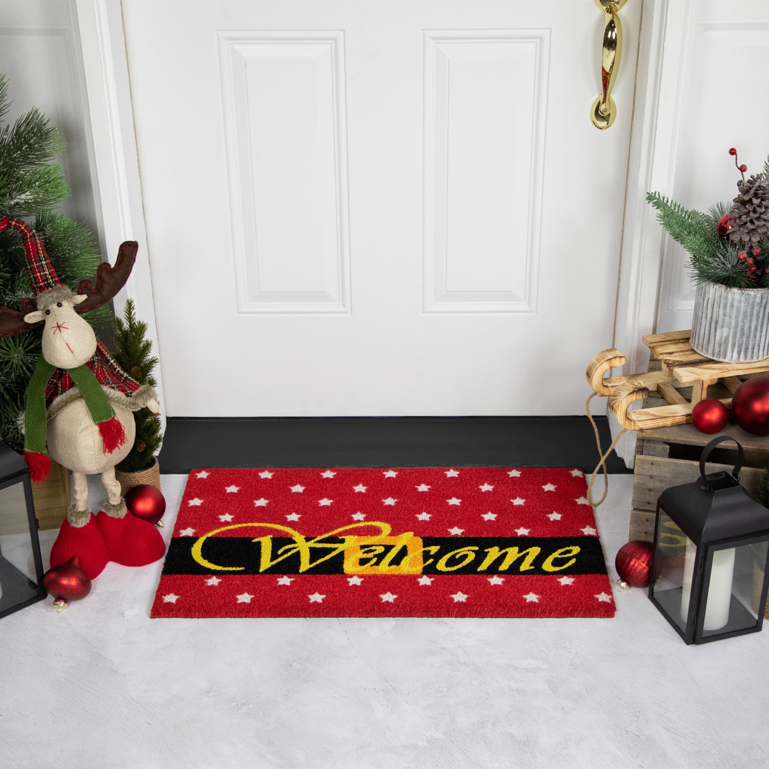 Red and Black Santa Suit Buckle "Welcome" Coir Christmas Outdoor Doormat 18" x 30"