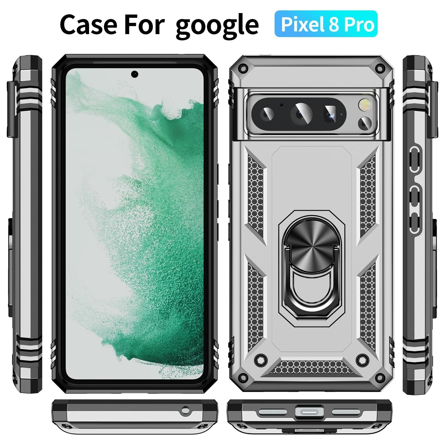 XCRS Dual-Layer Slim Design Armor Protection Cover, Built-in Magnetic Ring with Kickstand Case for Google Pixel 8 Pro 2023