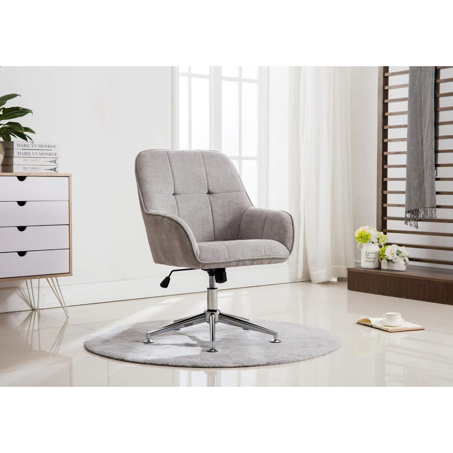 LUXWIN Button Tufted Office Chair in Beige Fabric Upholstery