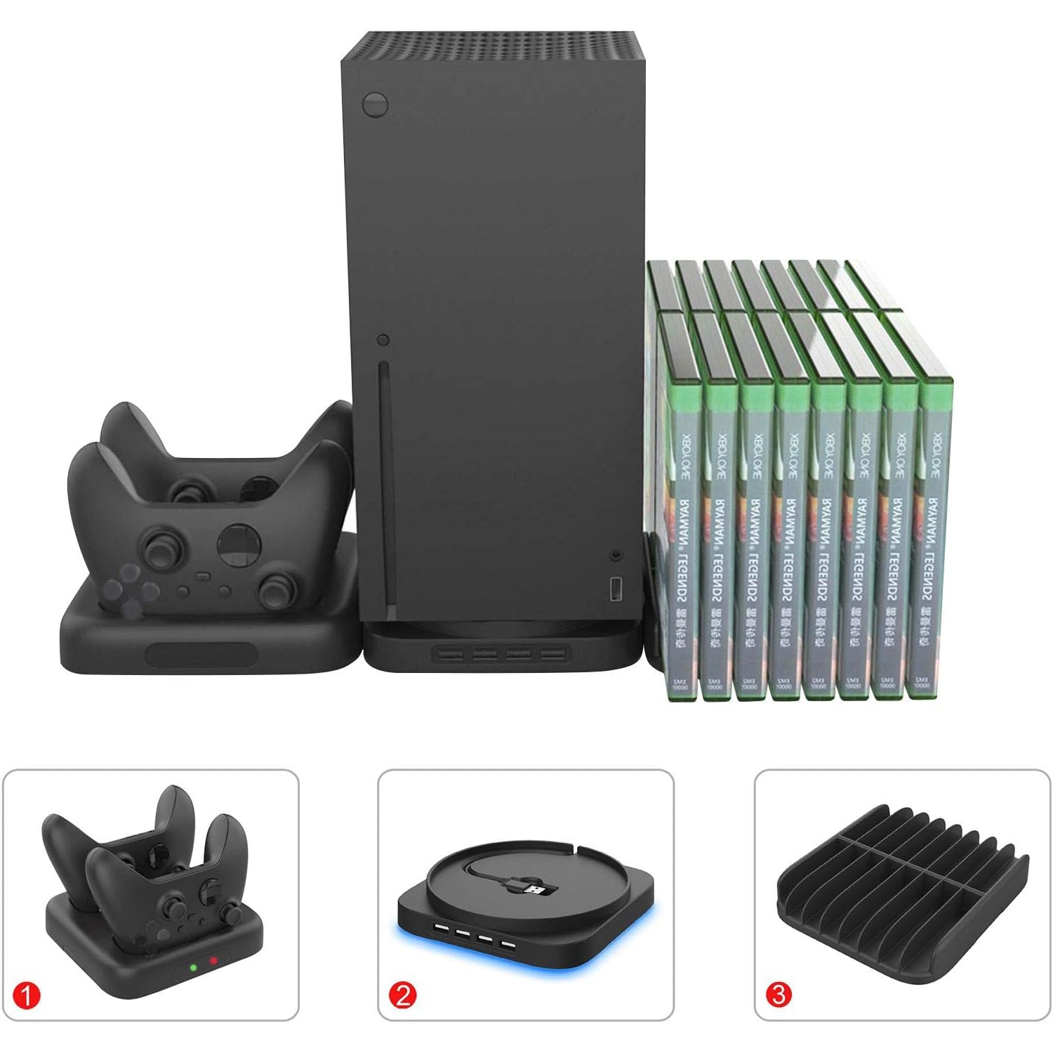 3In1 Vertical Stand for Xbox Series X Game Console Controller Dual Charger Dock Game charging station & Discs Storage, Game Accessories - stand