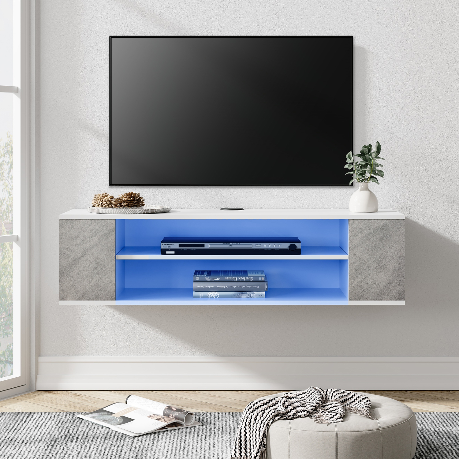 WAMPAT White Floating TV Stand with Blue LED Lights , Wall Mounted Shelf for Living Room, White& Grey, 39“
