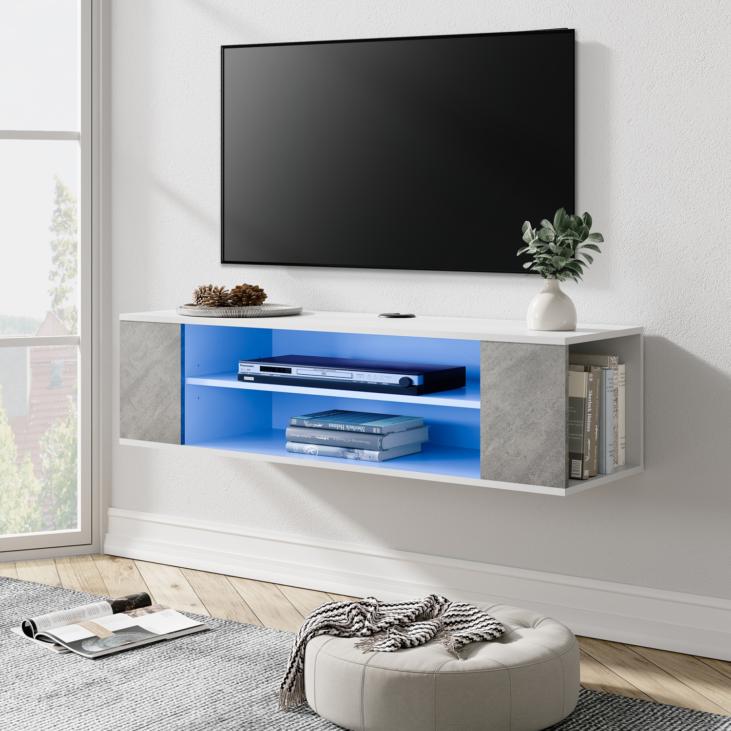 WAMPAT White Floating TV Stand with Blue LED Lights , Wall Mounted Shelf for Living Room, White& Grey, 39“