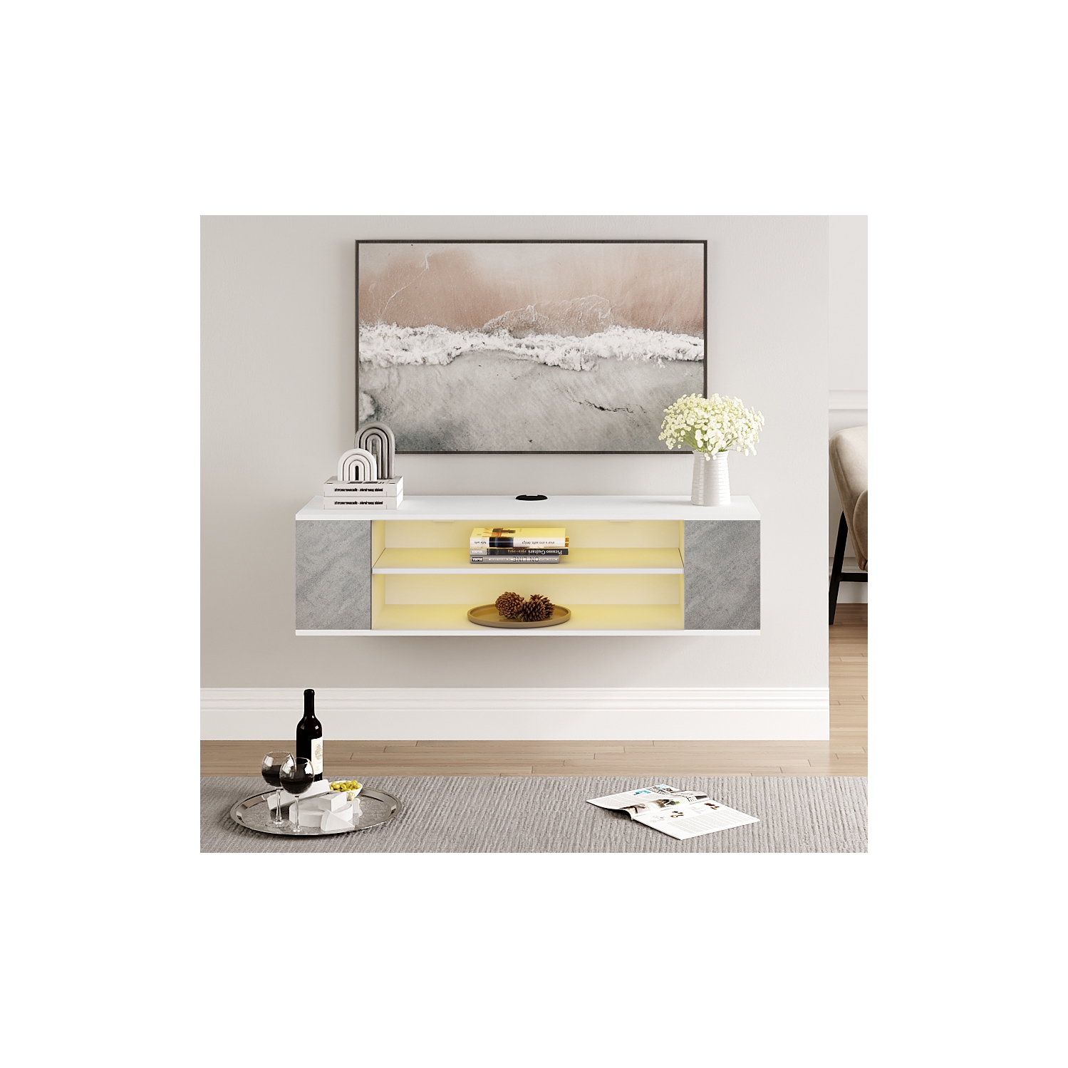 WAMPAT White Floating TV Stand with Blue LED Lights, Wall Mounted Shelf for Living Room, White& Grey, 39"