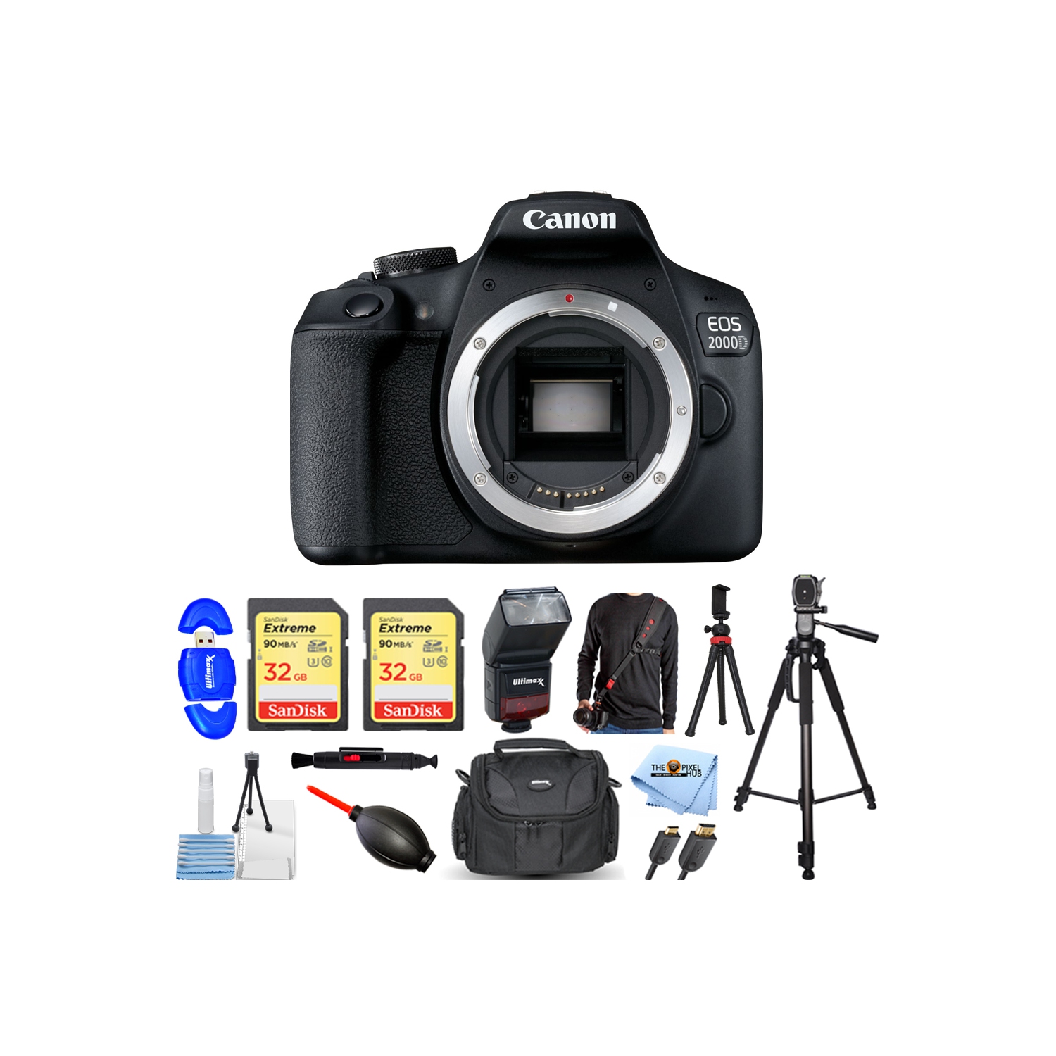 Canon EOS 2000D/Rebel T7 DSLR Camera 64GB Flash Tripod Bundle