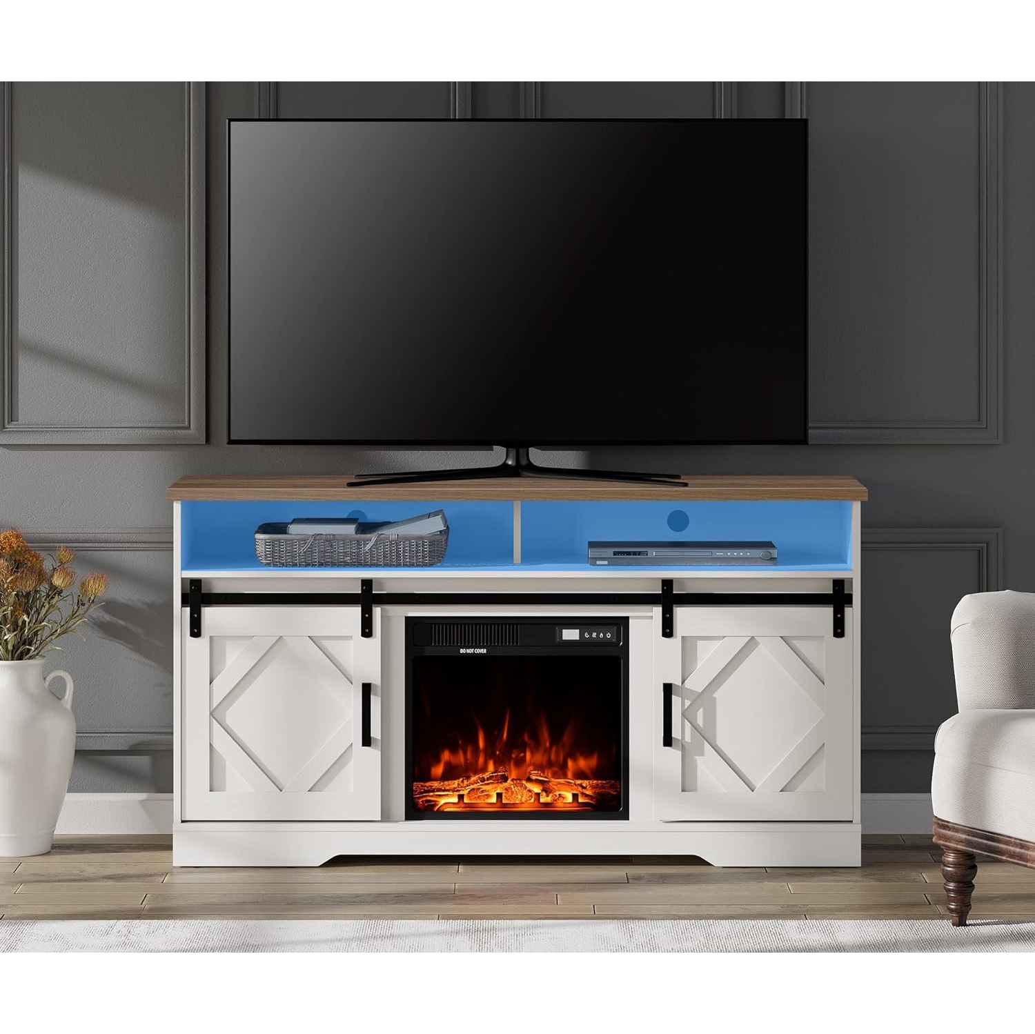 Wampat Fireplace TV Stand for TVs Up to 65 Inch, Electric Fireplace TV Console，LED Wood Entertainment Center with Storage Cabinet, Sliding Barn Door,