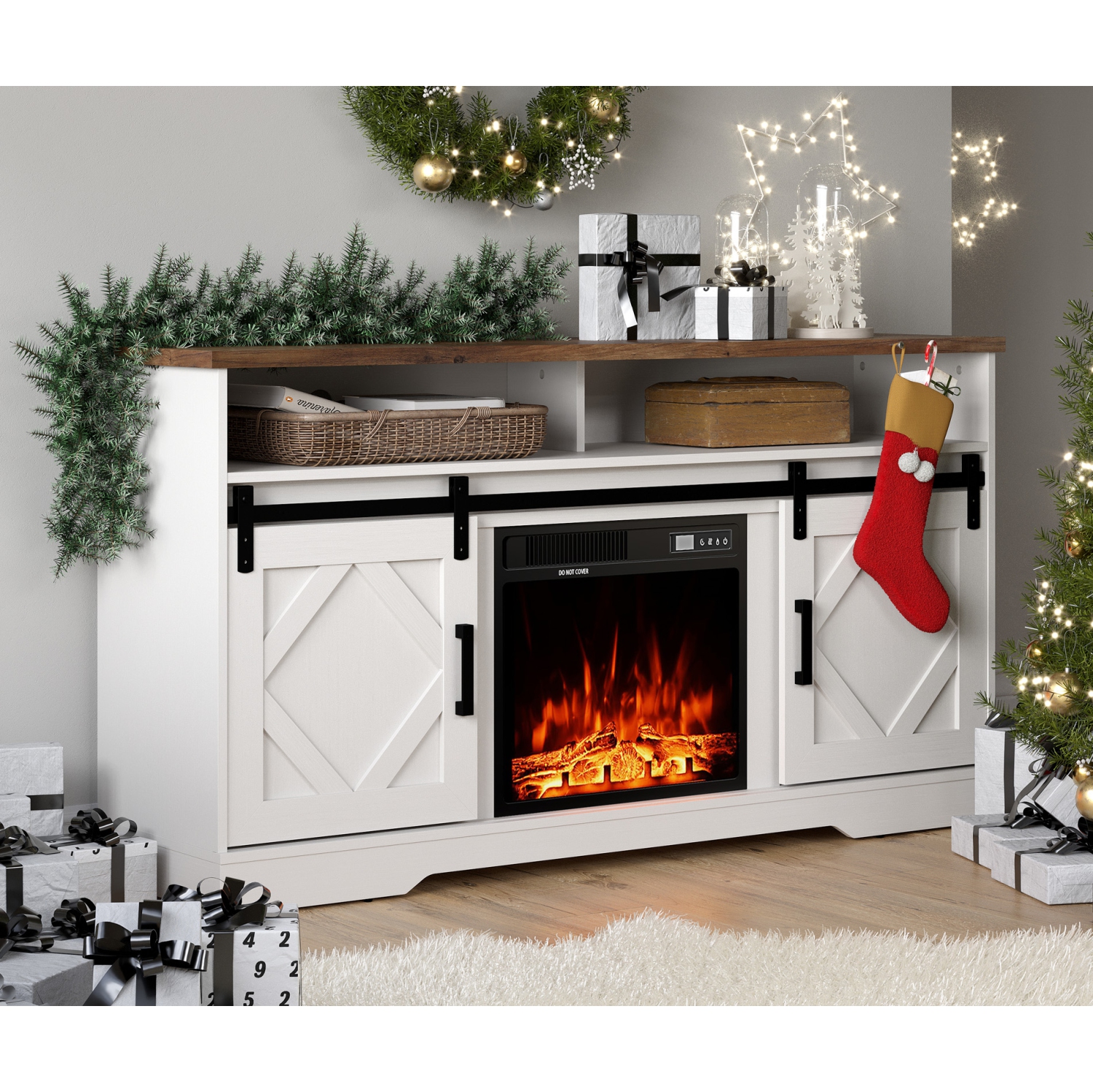 WAMPAT Fireplace TV Stand for TVs Up to 65 Inches, Wood Electric Fireplace Entertainment Center with Storage 2 Heating Mode and 5 Brightness for