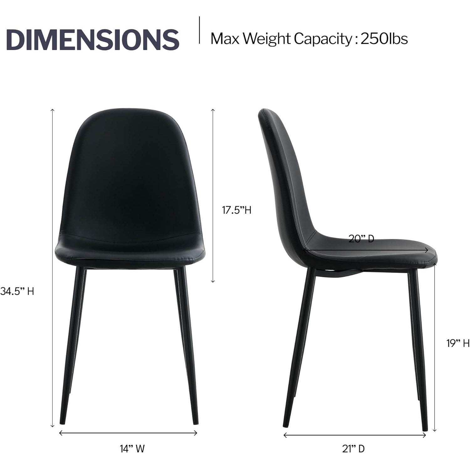 Aykah Sera Black Dining Chair Set of 4, Faux Leather Dining Chairs for Kitchen, Dining Room, Bedroom, Pre Assembled Side Chairs