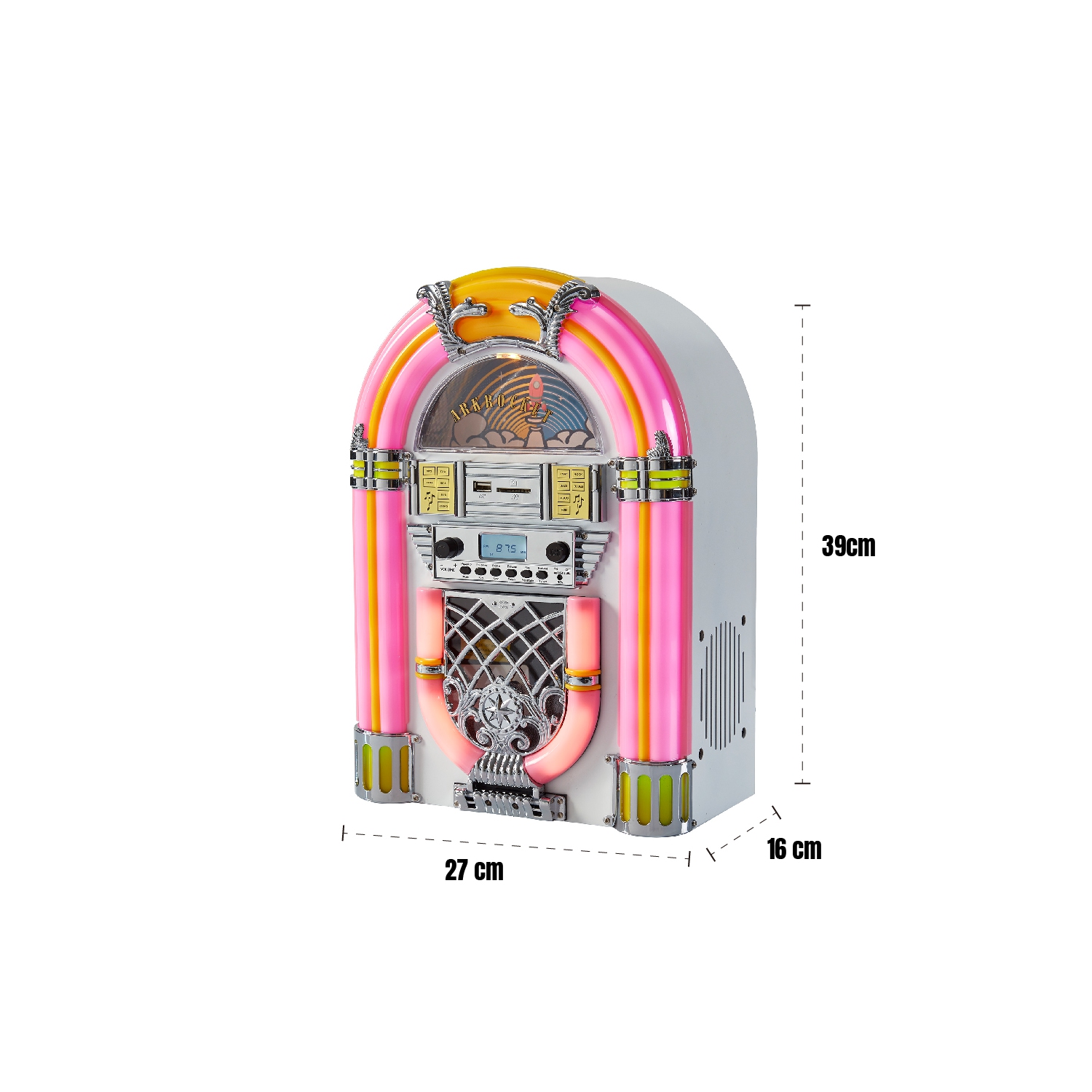 Mini Jukebox/lecteur CD de table/haut-parleur Bluetooth/radio/USB et lecteur de cartes SD avec système d'éclairage DEL rétro d'ArkRocket Athena