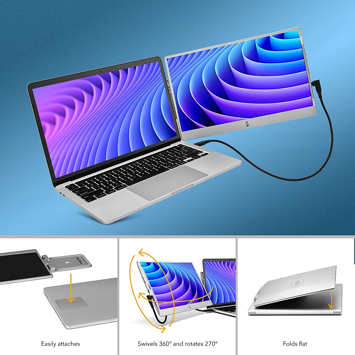 SideTrak Swivel 14" Attachable Portable 1080P Laptop Monitor, USB-C Or Mini HDMI, Silver