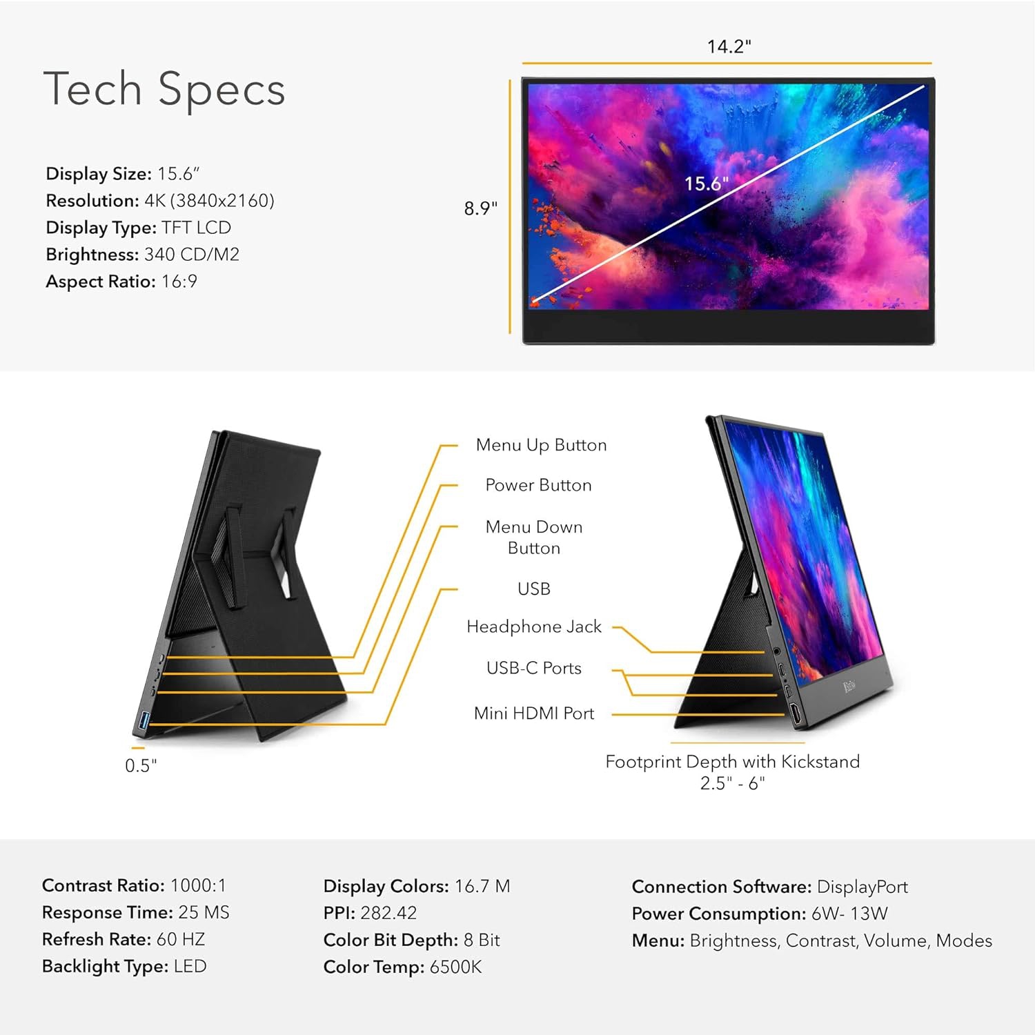 SideTrak Solo 15.6" Freestanding Portable 4K Monitor, USB-C Or Mini HDMI