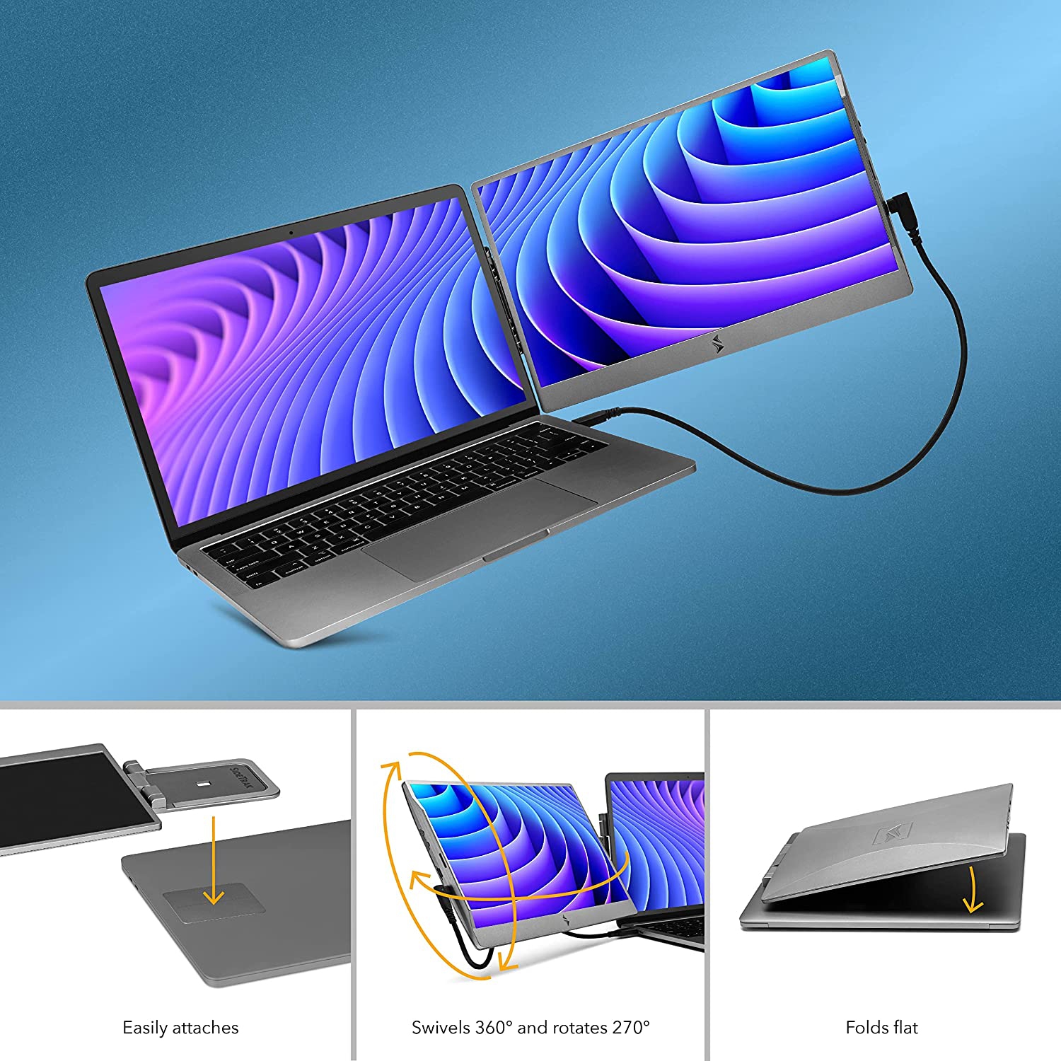 SideTrak Swivel 14" Attachable Portable 1080P Laptop Monitor, USB-C Or Mini HDMI, Dark Silver