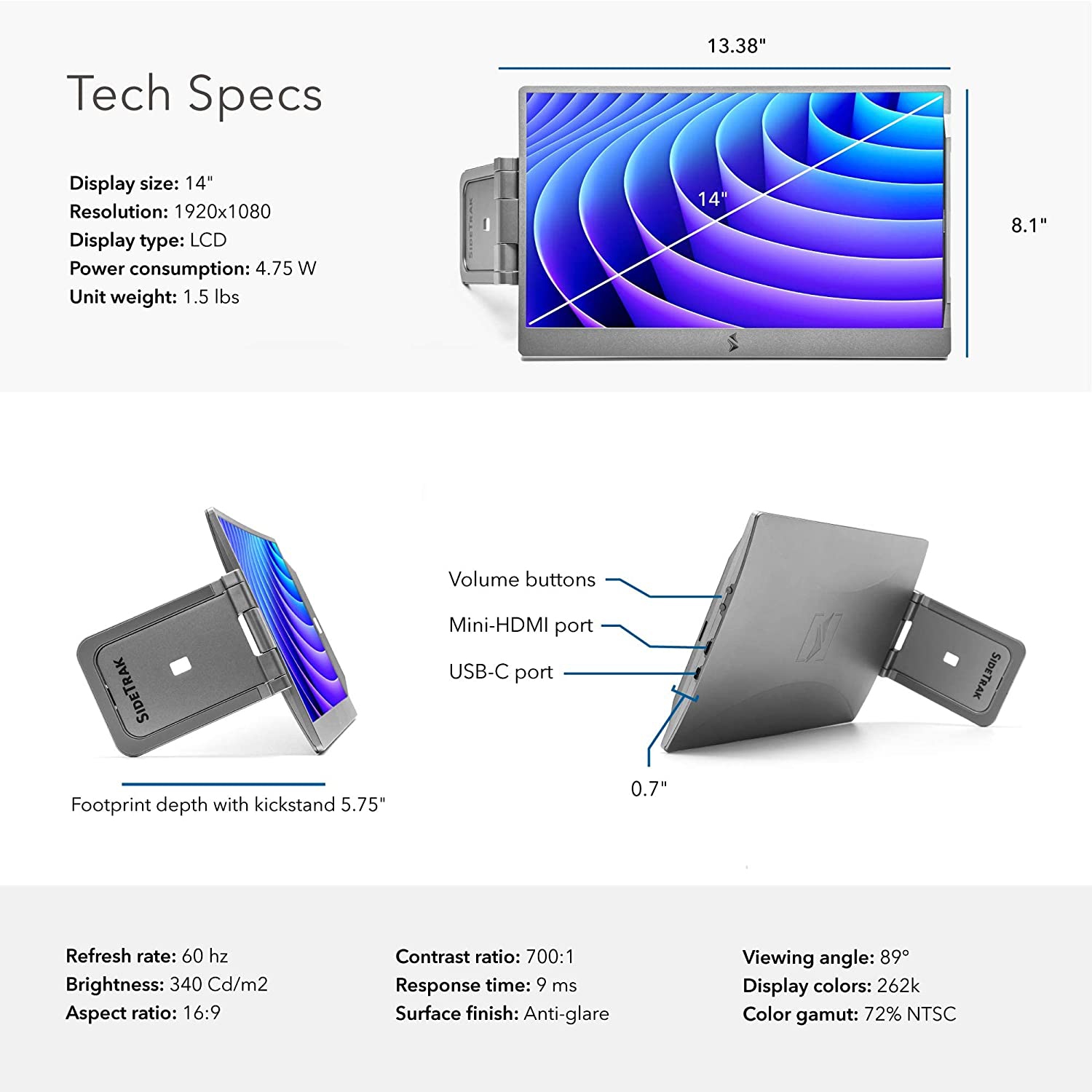 SideTrak Swivel 14" Attachable Portable 1080P Laptop Monitor, USB-C Or Mini HDMI, Dark Silver