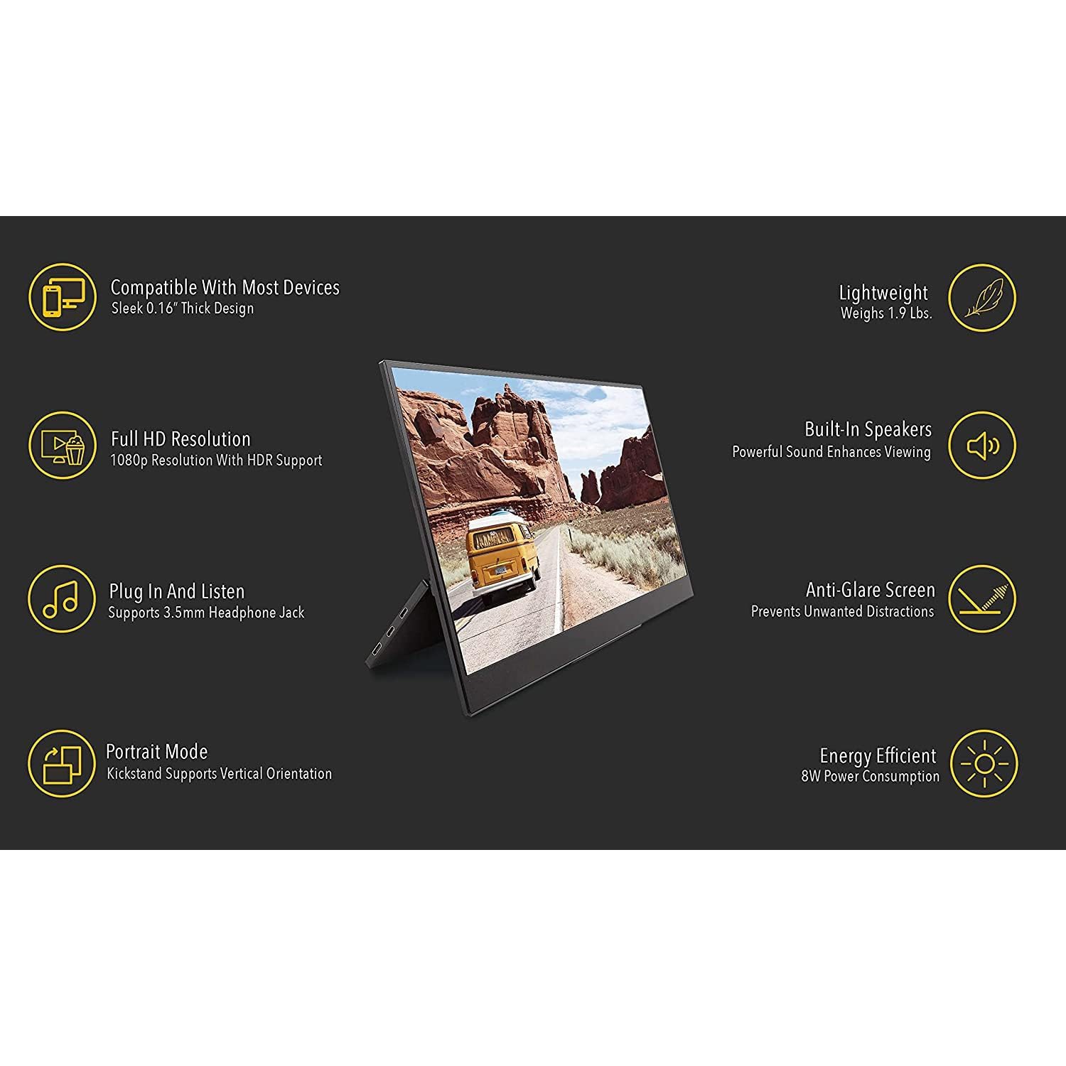 SideTrak Solo 15.8" Freestanding Portable 1080P Monitor, USB Or Mini HDMI, Black