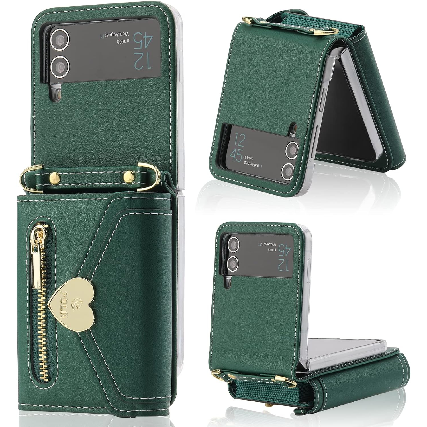 for Samsung Galaxy Z Flip 4 Case with Love Flip Wallet, Large Capacity for 8 Card Slots, and Long Strap - a