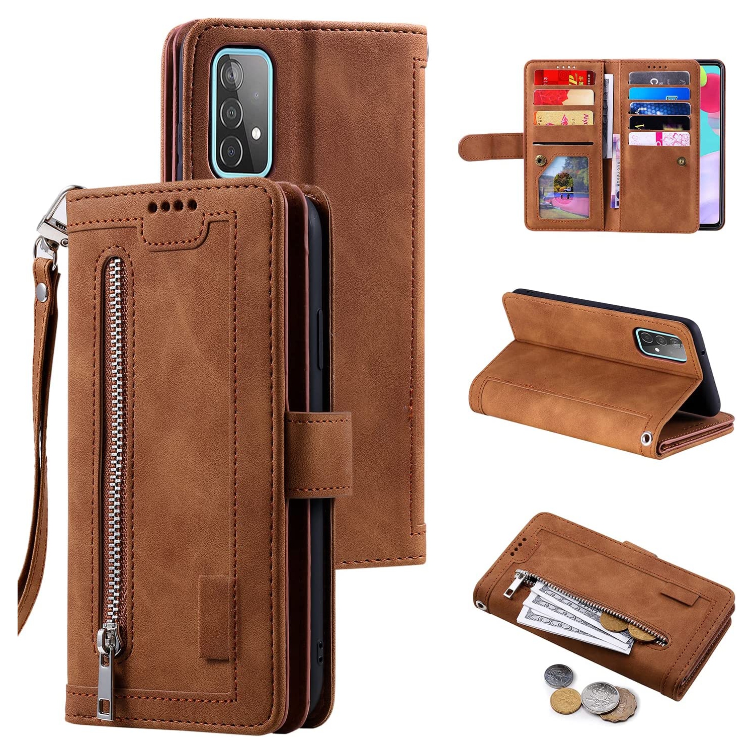 Wallet Phone Case for Samsung Galaxy A53 5G, Retro Matte 9 Card Holder Slots Zipper Pocket Case PU Leather