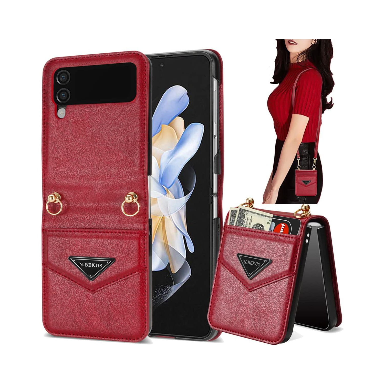 for Samsung Galaxy Z Flip 4 5G Women Wallet Case with Card Holder, Premium PU Leather Detachable Adjustable