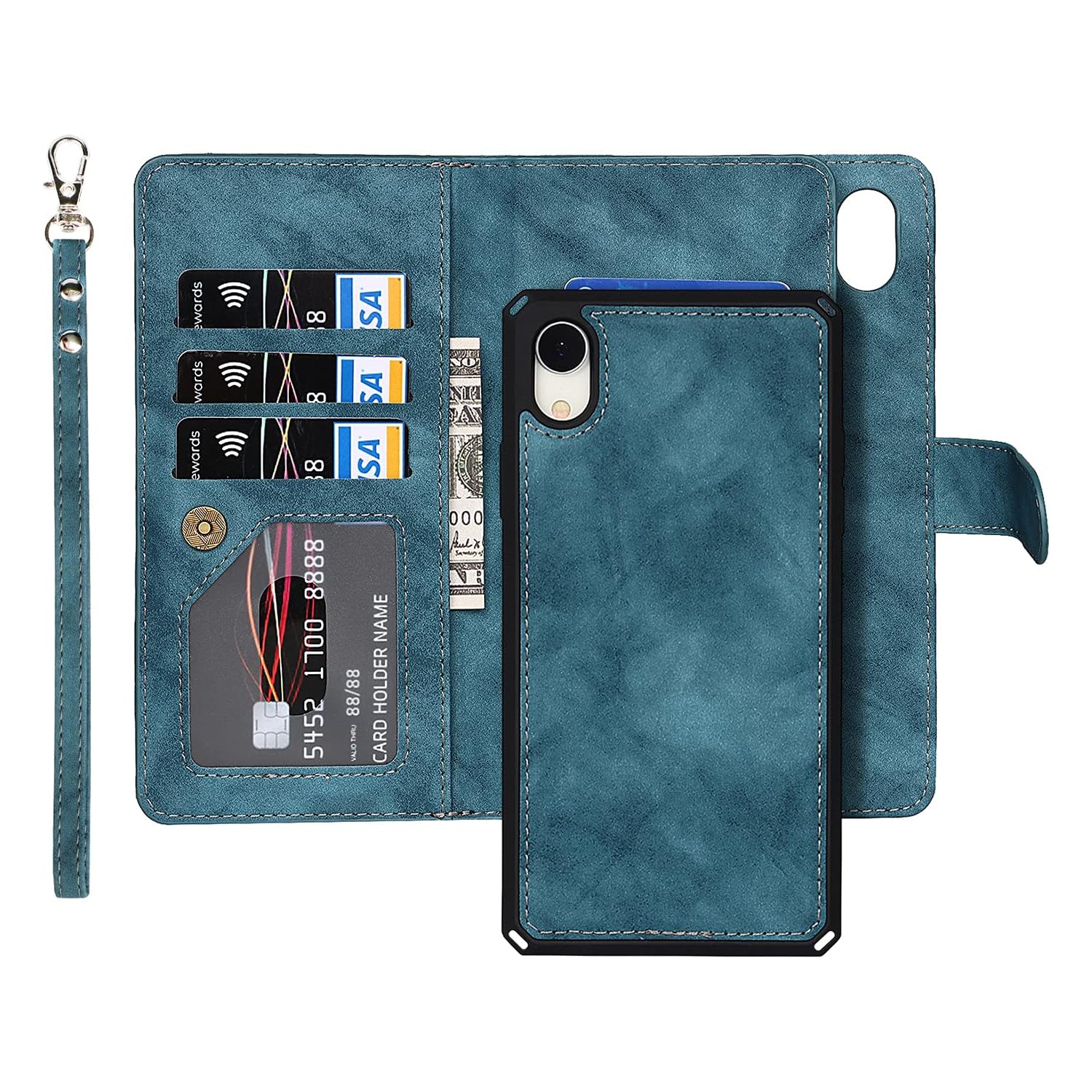 for iPhone XR Wallet Case with Card Holder and Wrist Strap, PU Leather Kickstand Card Slots Magnetic