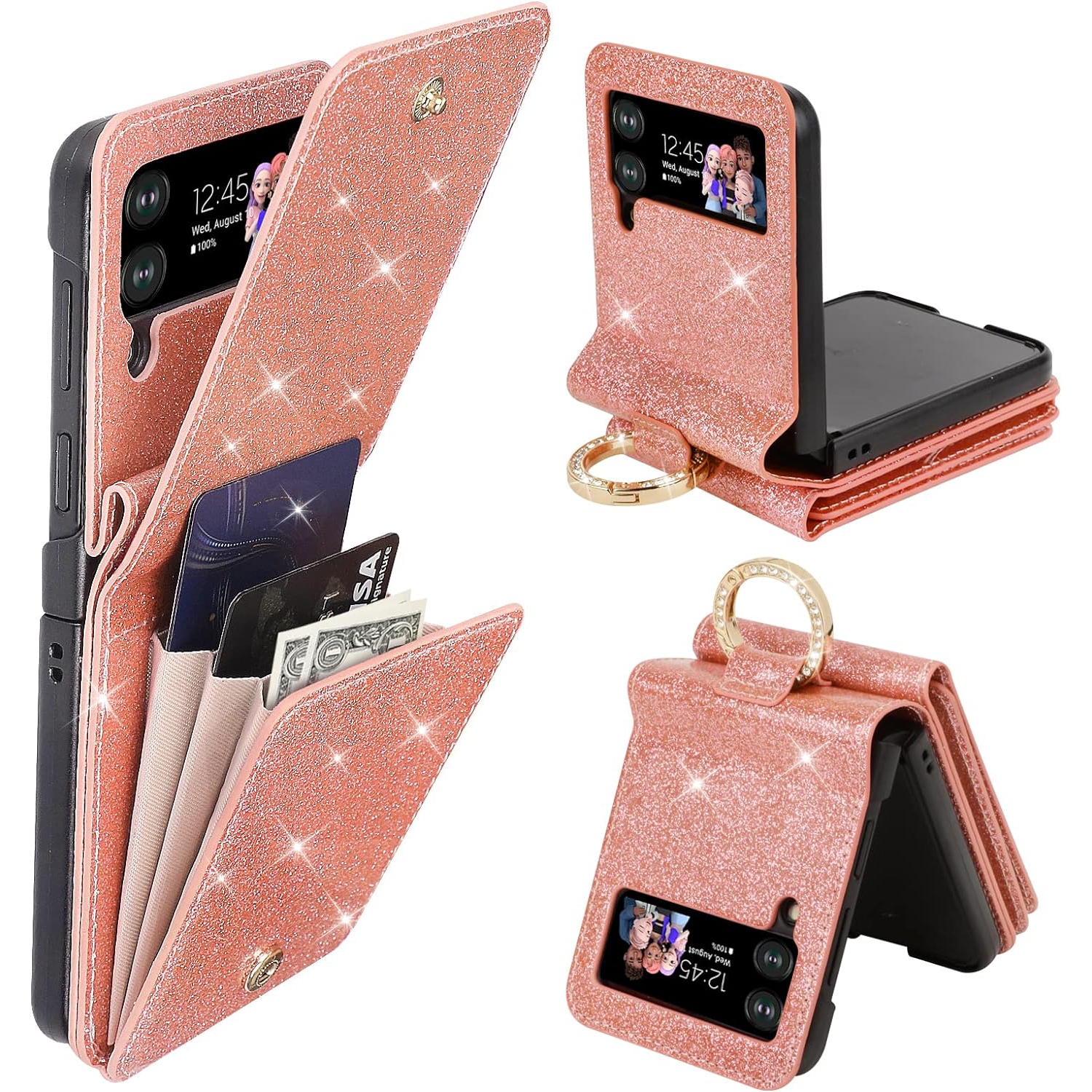 for Samsung Galaxy Z Flip 4 Case with Ring Card Holder Hinge Protection, Bling Samsung Z Flip 4 Case Wallet