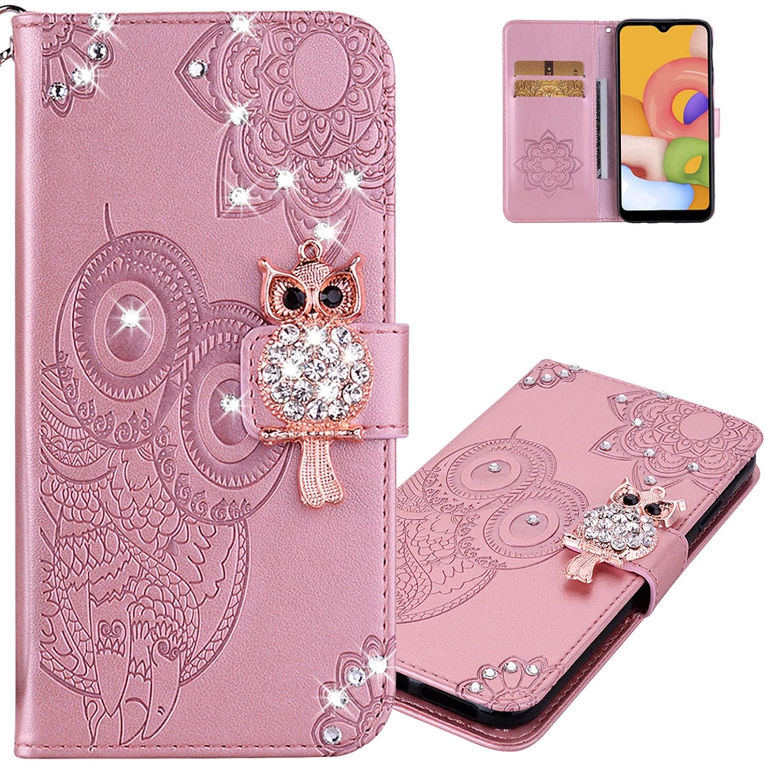 Samsung Galaxy A03S Phone Case Glitter Bling Diamond Case Flip Embossing PU Leather Wallet Case with Wrist